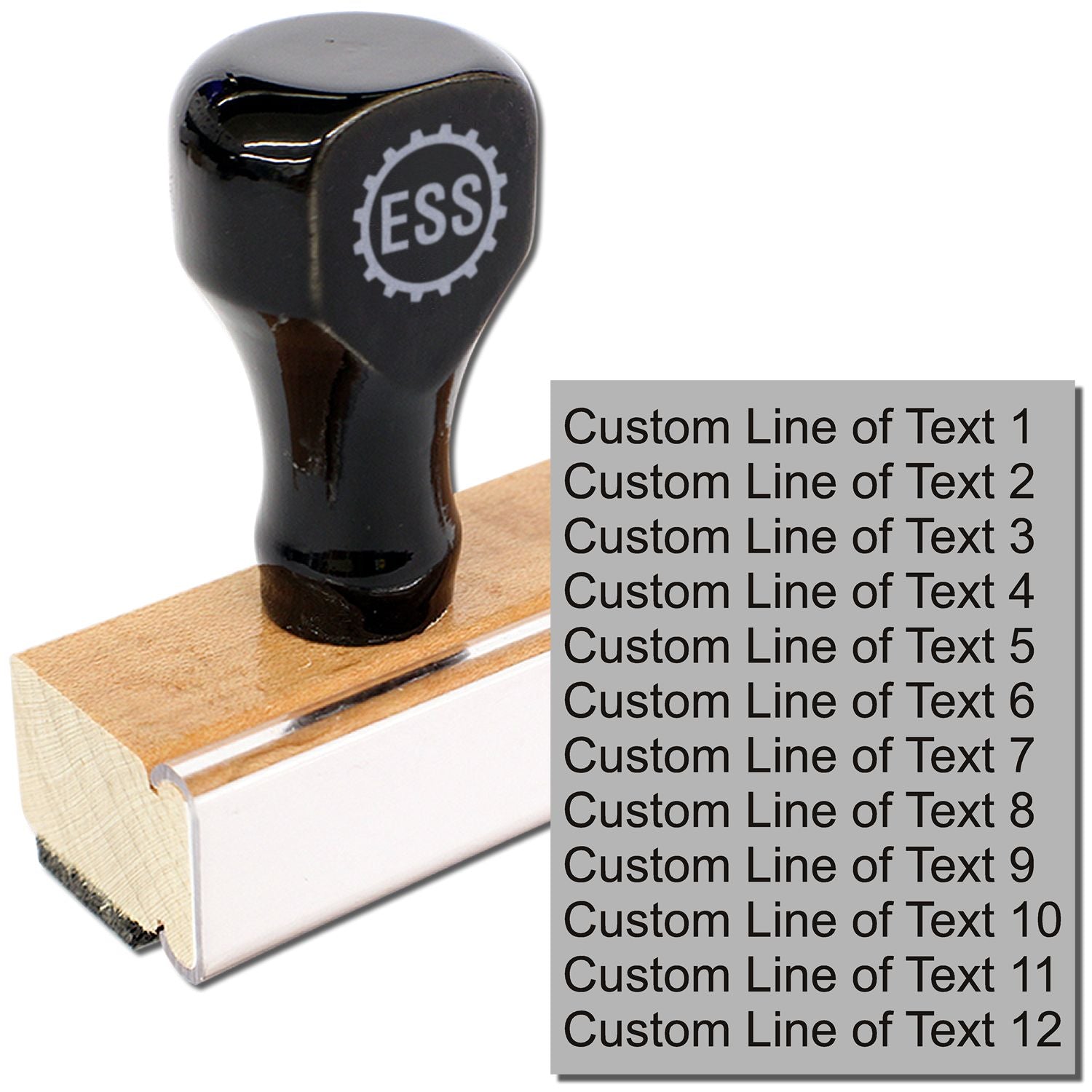 12 Line Custom Rubber Stamp with Wood Handle, featuring a black grip and customizable text lines, shown with sample text on the right.
