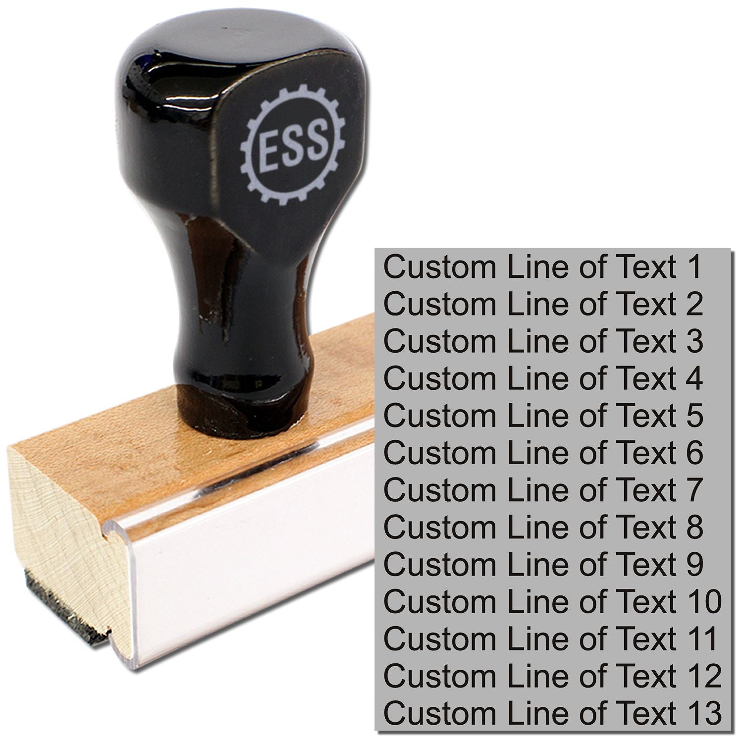 13 Line Custom Rubber Stamp with Wood Handle, featuring a rectangular design and black ink for clear imprinting.