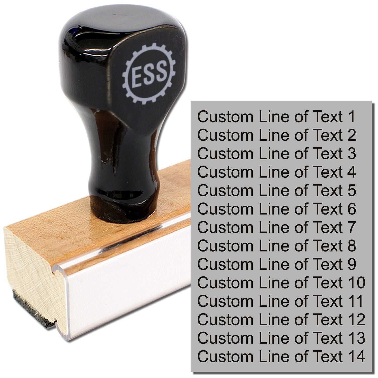 14 Line Custom Rubber Stamp with Wood Handle, black top with ESS logo, wooden base, and customizable text lines shown on the right.