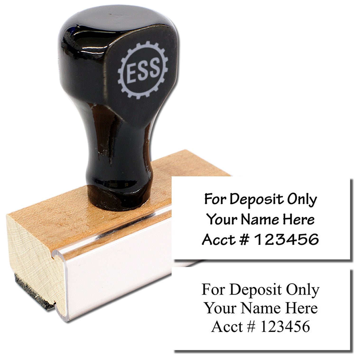 3 Line Wood Handle Custom Rubber Check Endorsement Stamp, ideal for business use, displayed on a white background.