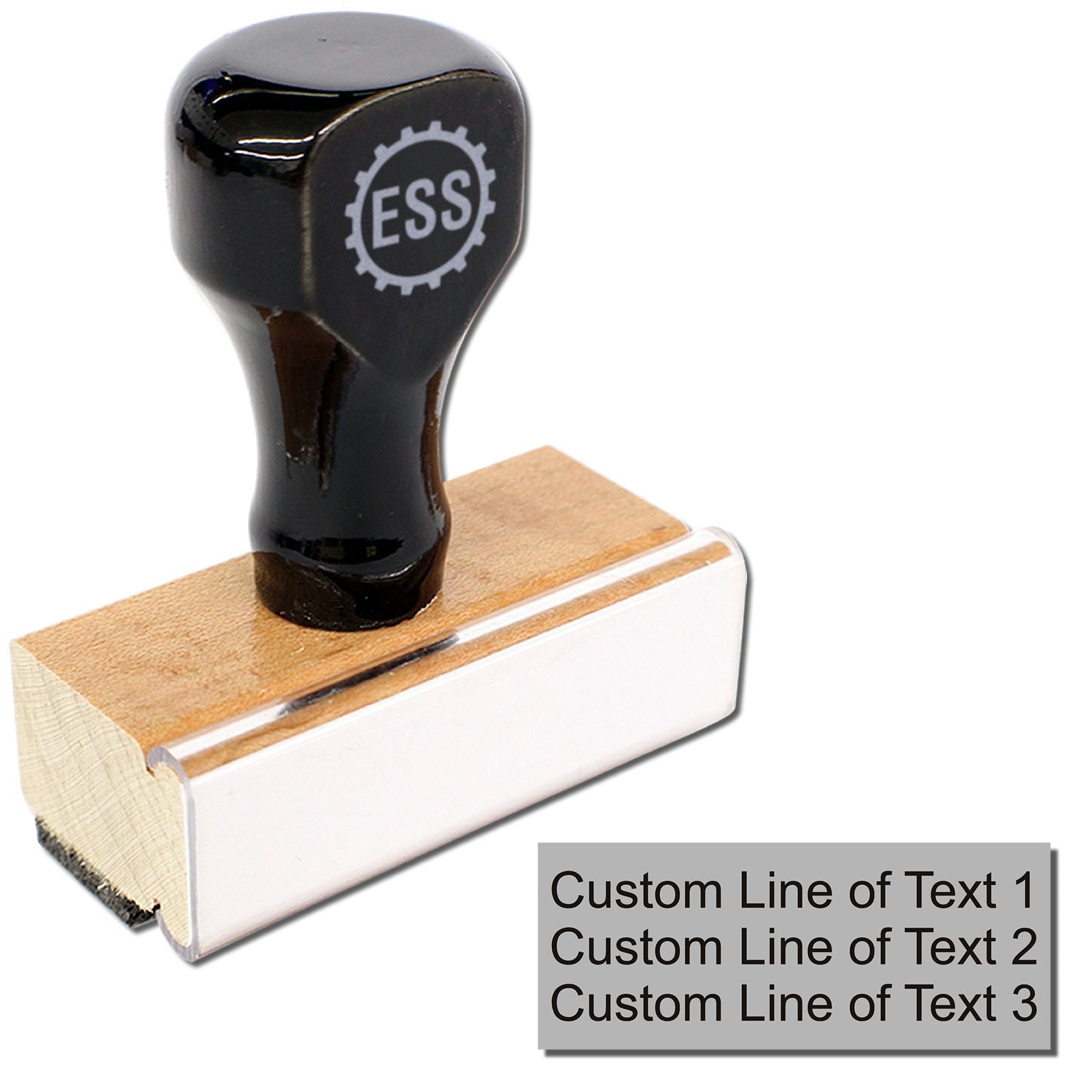 3 Line Custom Rubber Stamp with Wood Handle, featuring a durable design for personalized stamping, ideal for business, crafting, and organization.