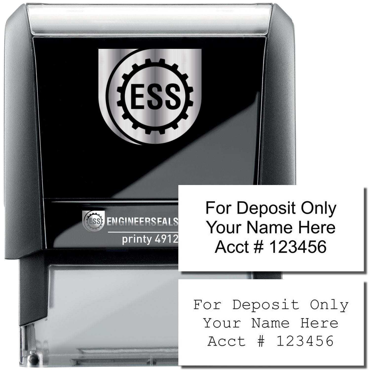 3 Line Self Inking Check Endorsement Stamp by ESS, black with clear base, showing sample text For Deposit Only Your Name Here Acct # 123456 .