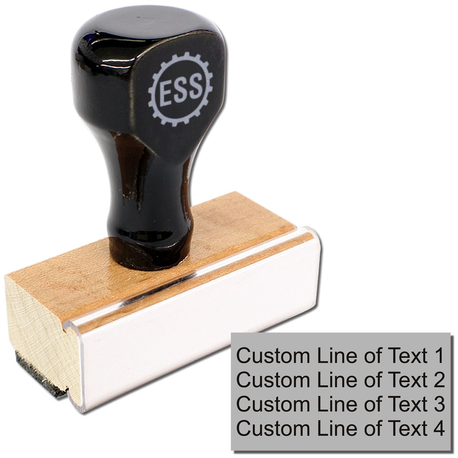 4 Line Custom Rubber Stamp with Wood Handle, featuring a black grip and wooden base, shown with customizable text lines.