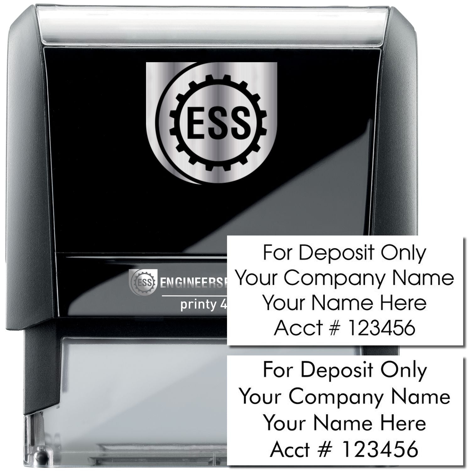 4 Line Self Inking Check Endorsement Stamp with For Deposit Only text, customizable for company name and account number, black casing.