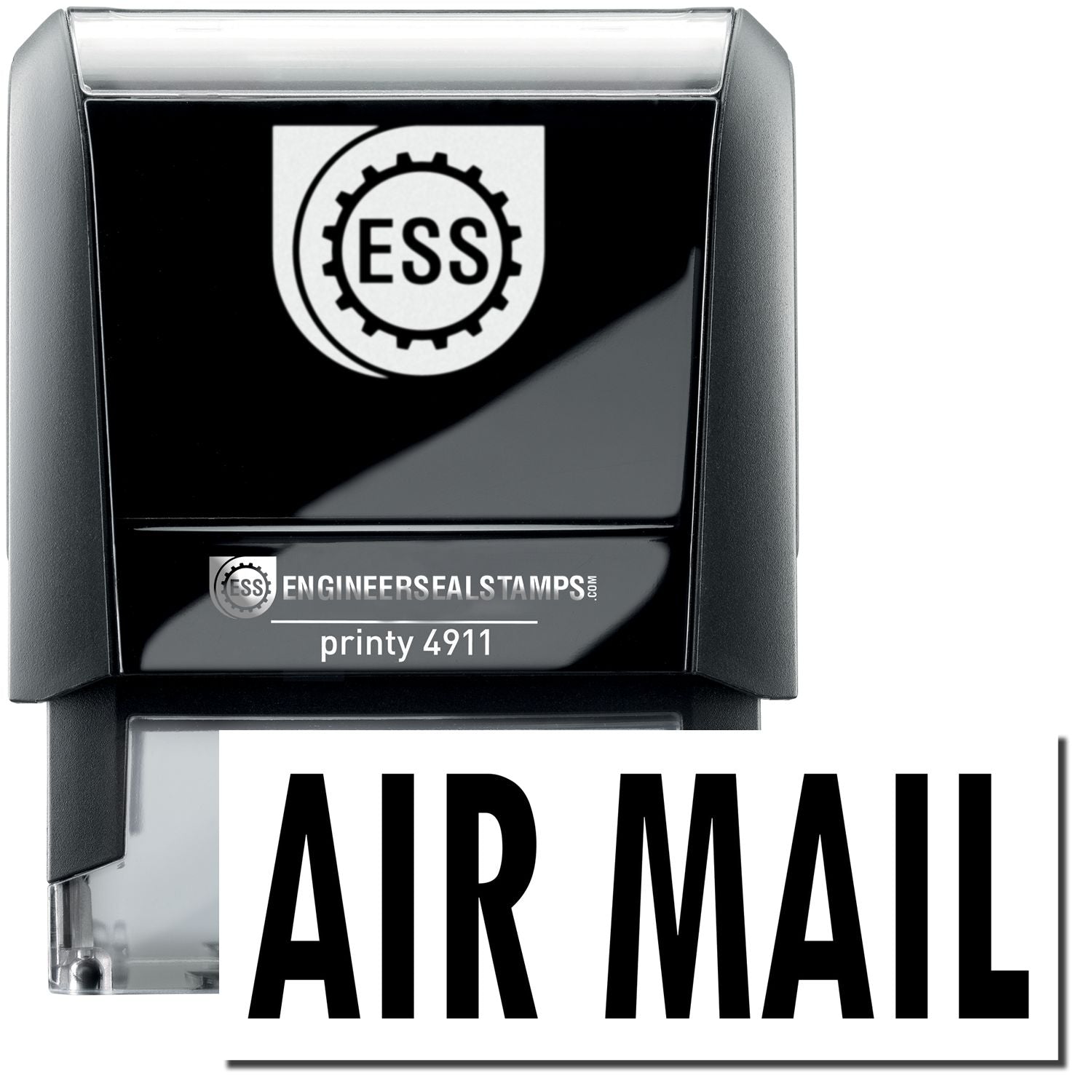 A self-inking stamp with a stamped image showing how the text AIR MAIL is displayed after stamping.