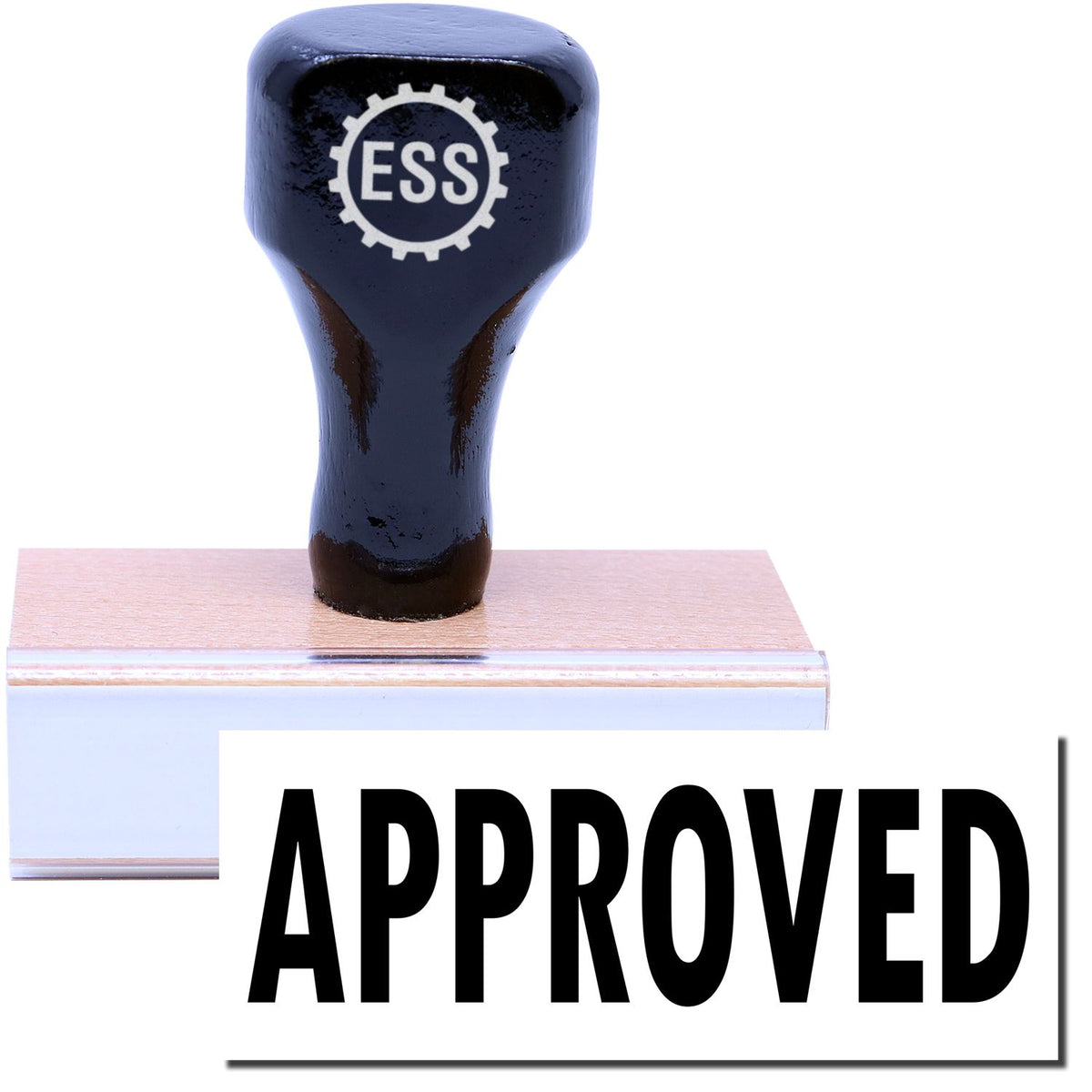 A stock office rubber stamp with a stamped image showing how the text &quot;APPROVED&quot; is displayed after stamping.