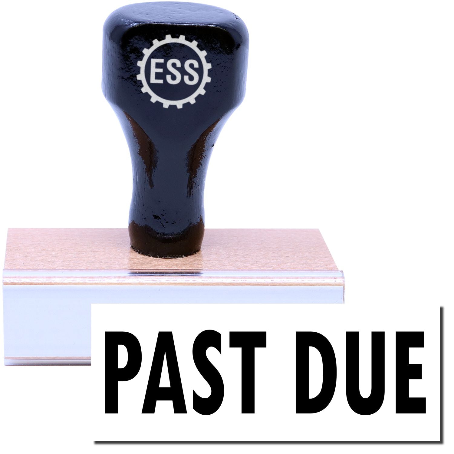 A stock office rubber stamp with a stamped image showing how the text "PAST DUE" is displayed after stamping.