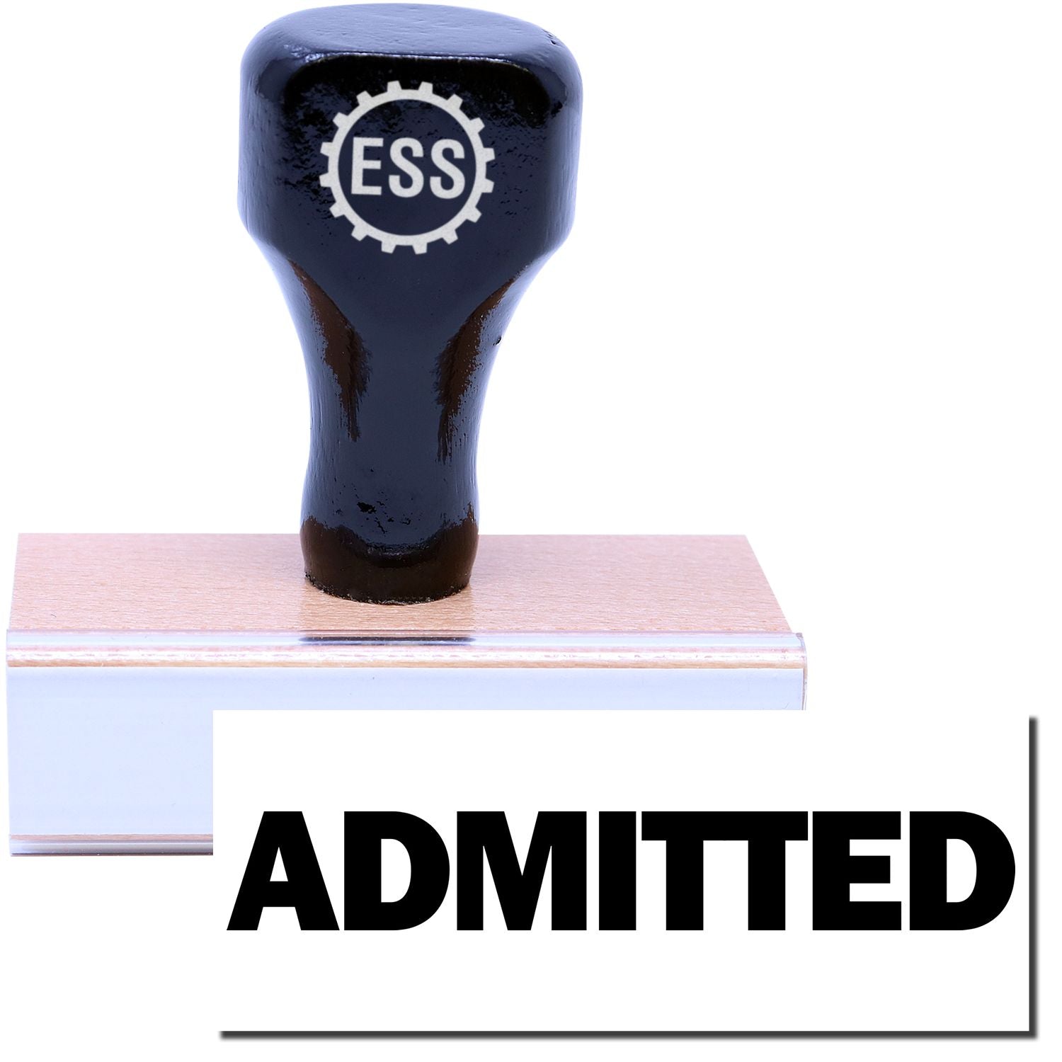A stock office rubber stamp with a stamped image showing how the text "ADMITTED" in bold font is displayed after stamping.