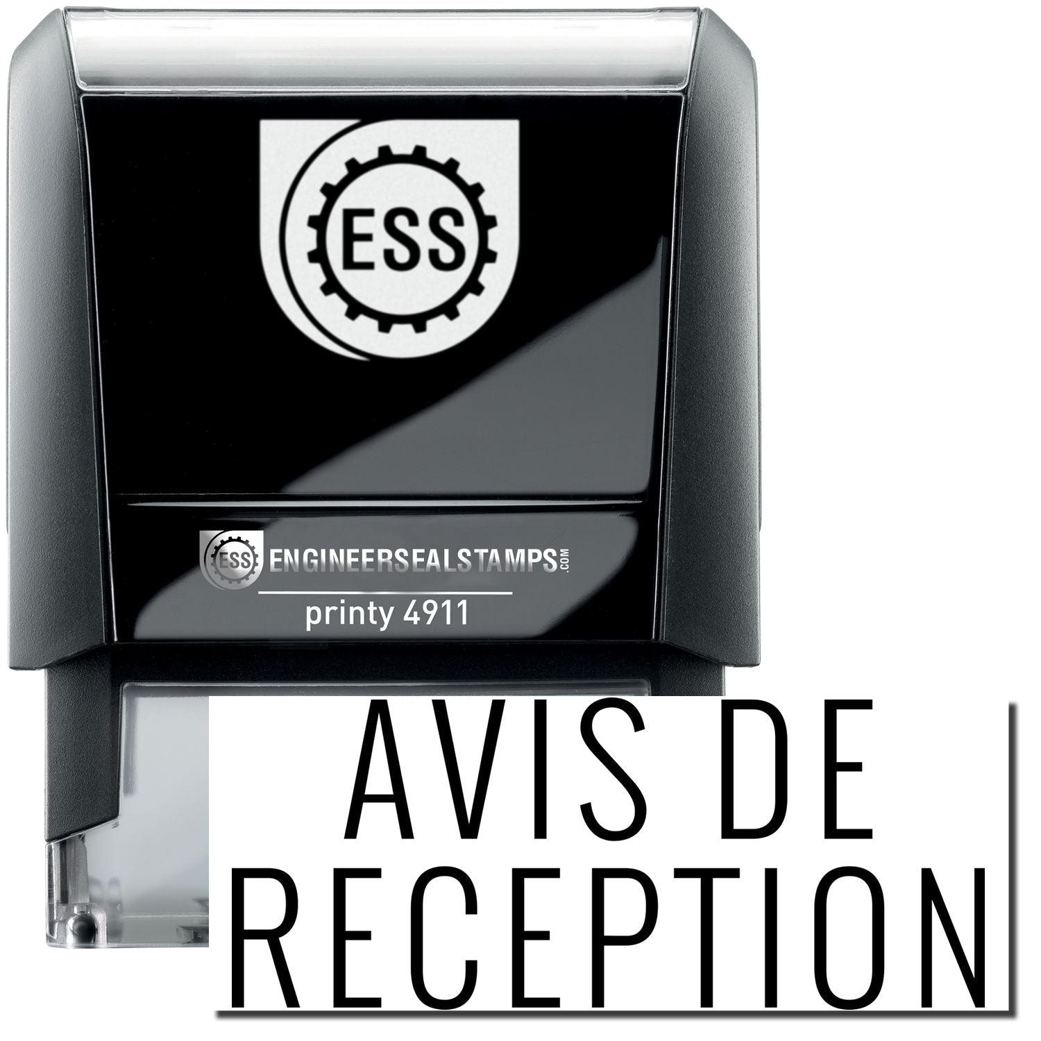 A self-inking stamp with a stamped image showing how the text AVIS DE RECEPTION is displayed after stamping.