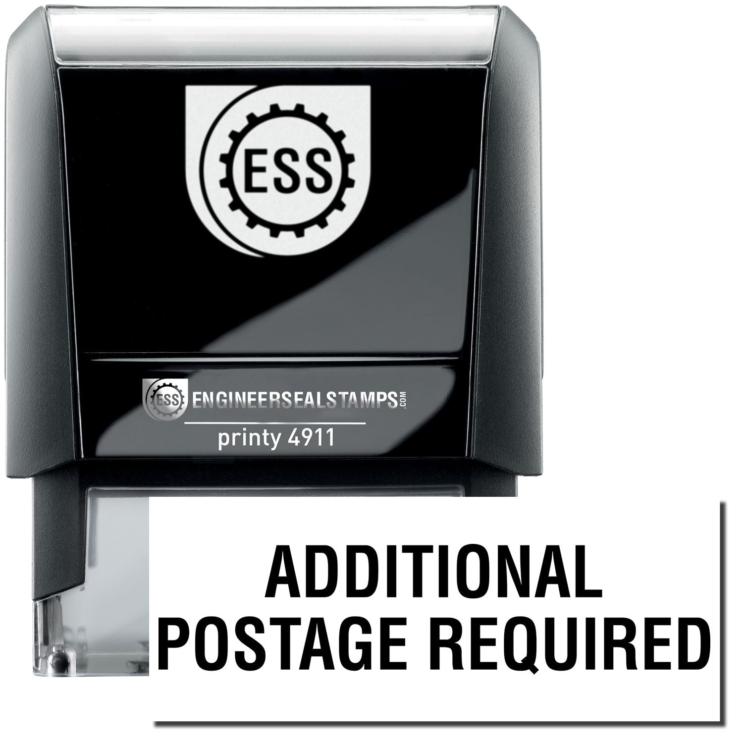 A self-inking stamp with a stamped image showing how the text ADDITIONAL POSTAGE REQUIRED is displayed after stamping.