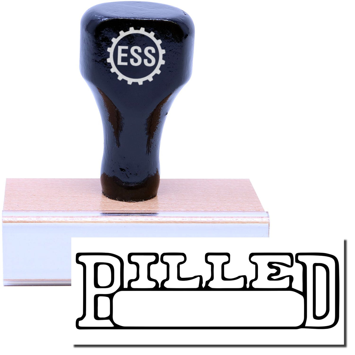 A stock office rubber stamp with a stamped image showing how the text &quot;BILLED&quot; in an outline font with a date box is displayed after stamping.