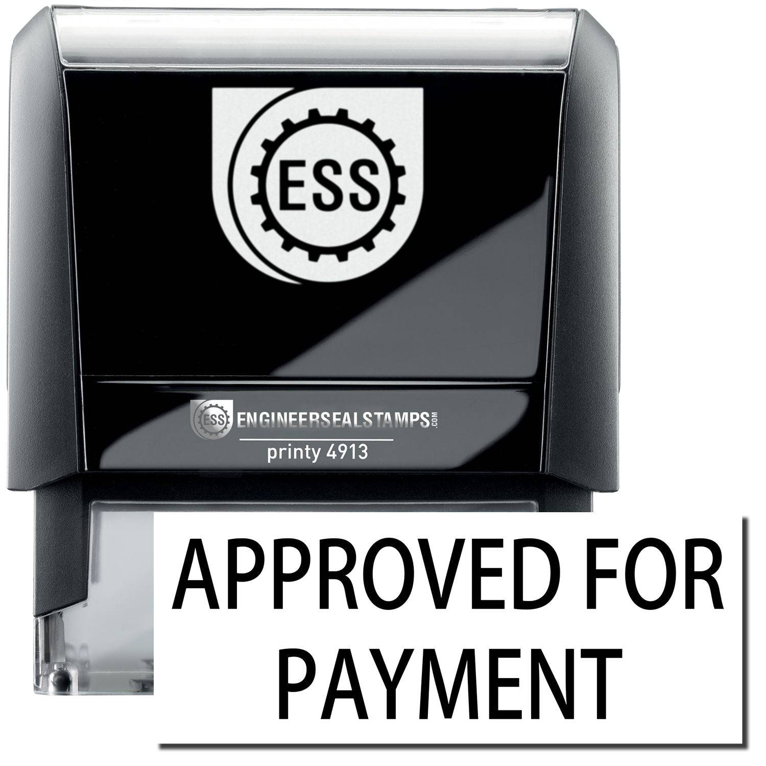 A large self-inking stamp with a stamped image showing the text APPROVED FOR PAYMENT in a large font displayed by it.