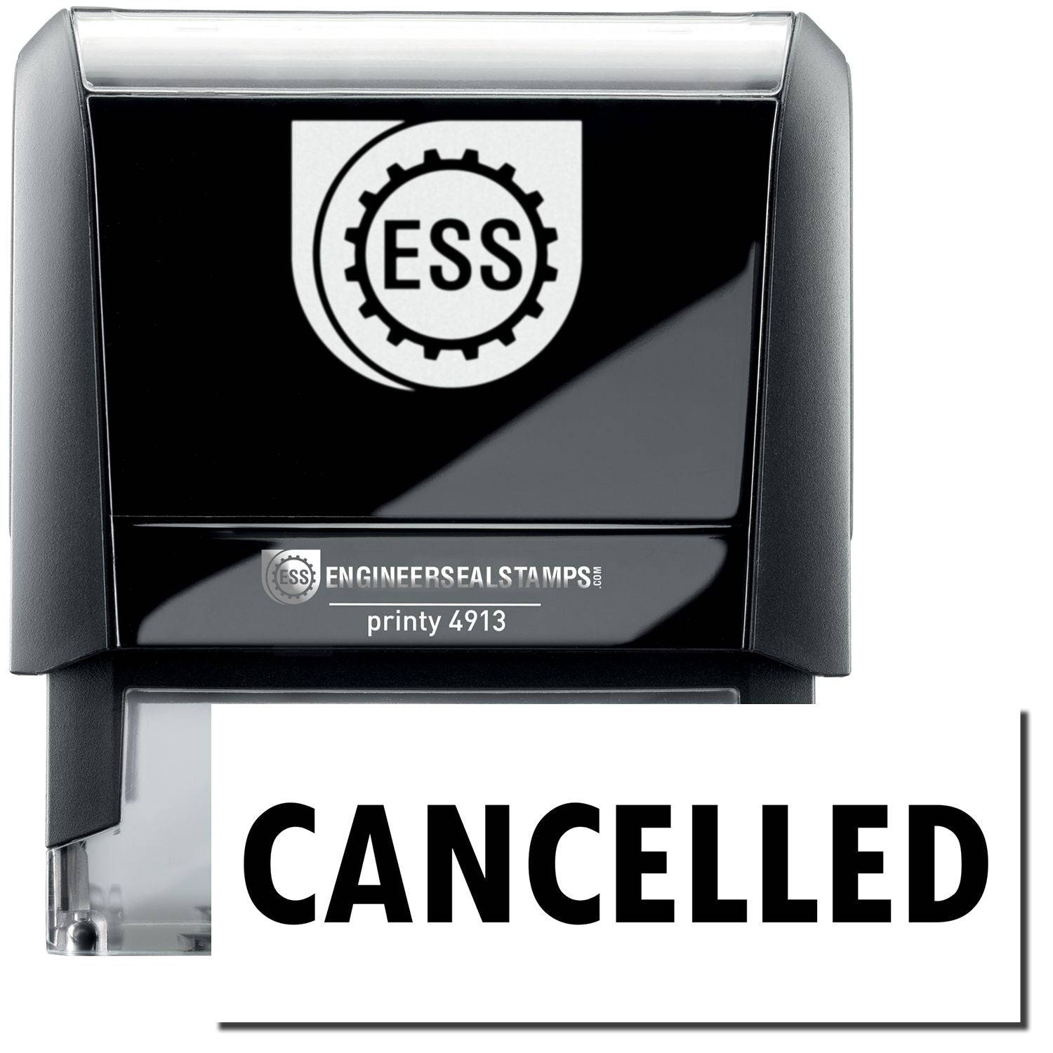 A large self-inking stamp with a stamped image showing how the text CANCELLED in a large bold font is displayed by it.