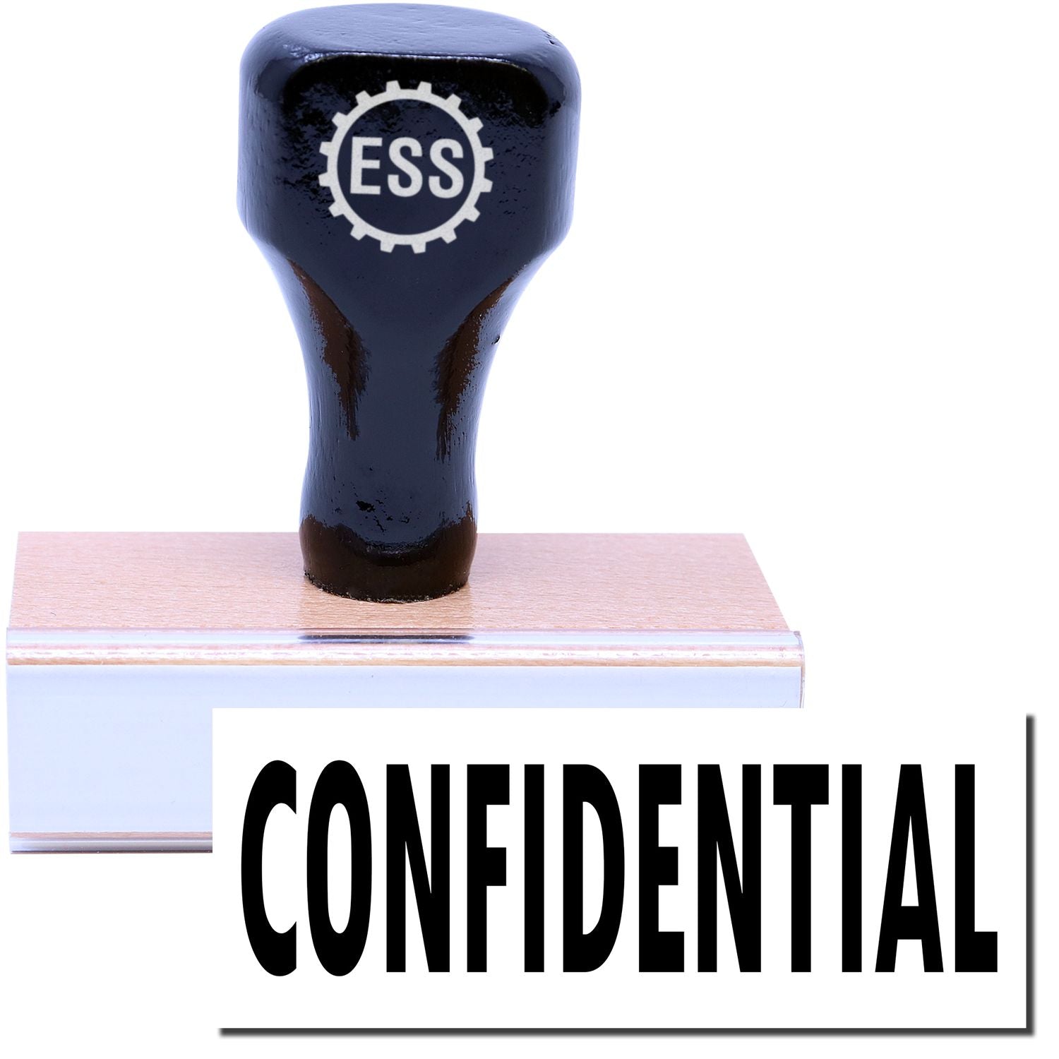 A stock office rubber stamp with a stamped image showing how the text CONFIDENTIAL in a large font is displayed after stamping.