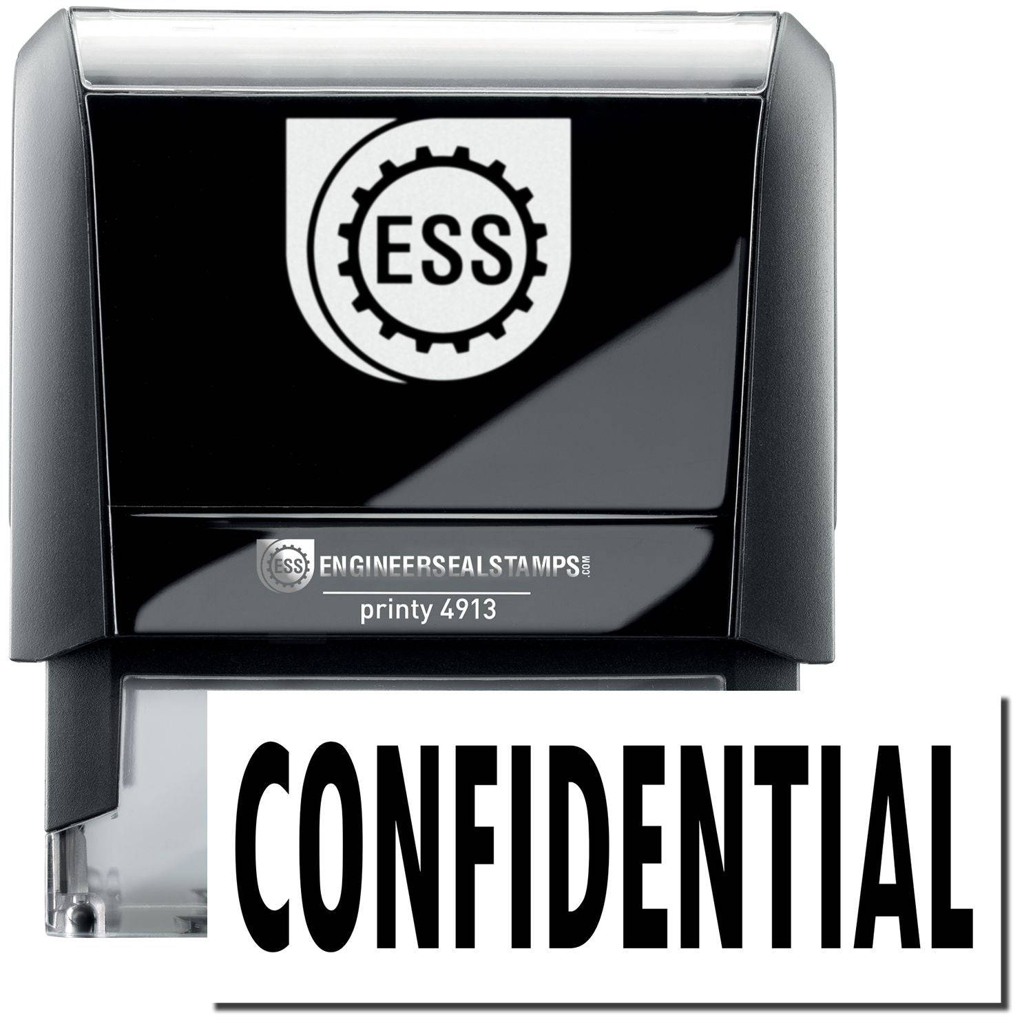 A large self-inking stamp with a stamped image showing how the text CONFIDENTIAL in a large bold font is displayed by it.