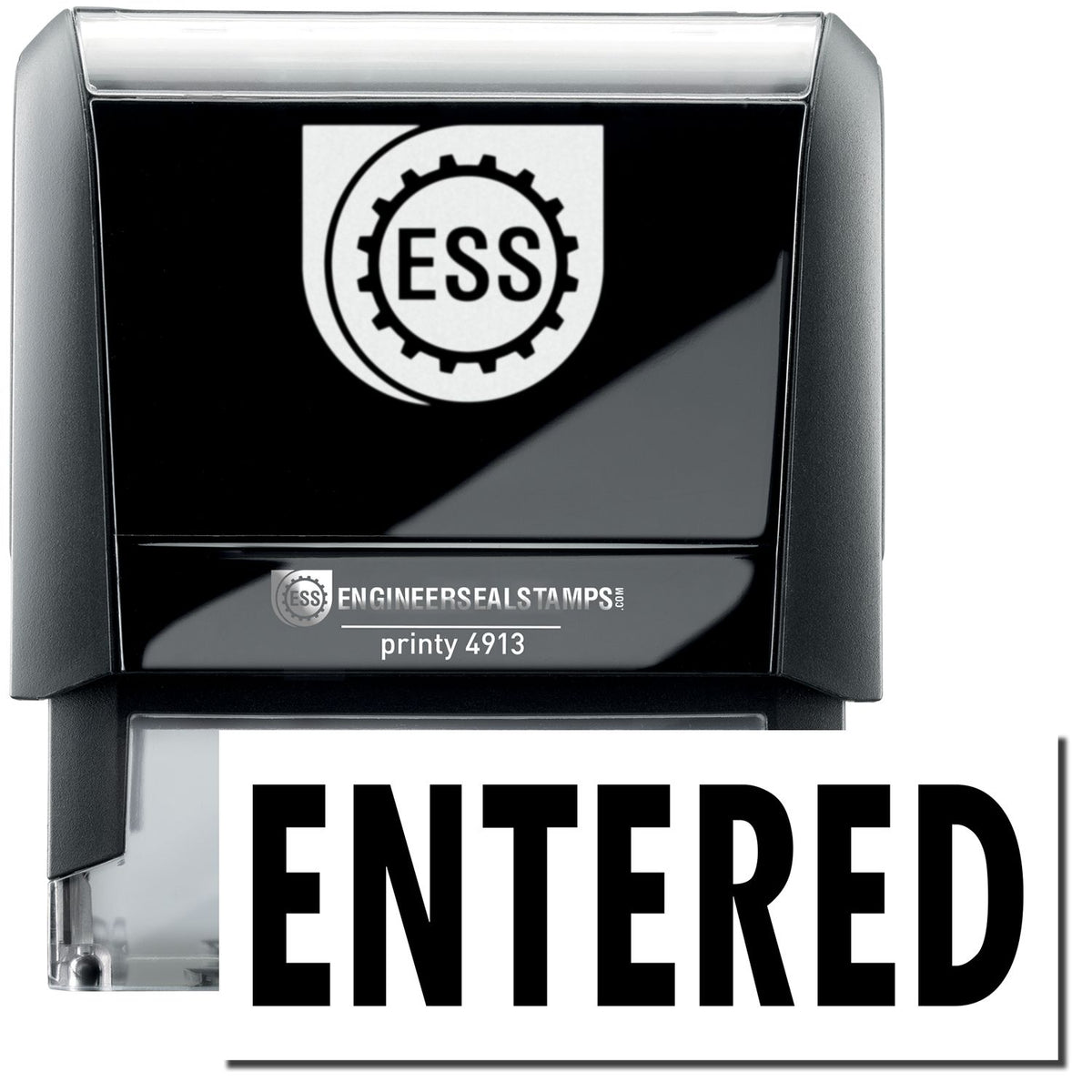 A self-inking stamp with a stamped image showing how the text &quot;ENTERED&quot; in a large bold font is displayed by it.