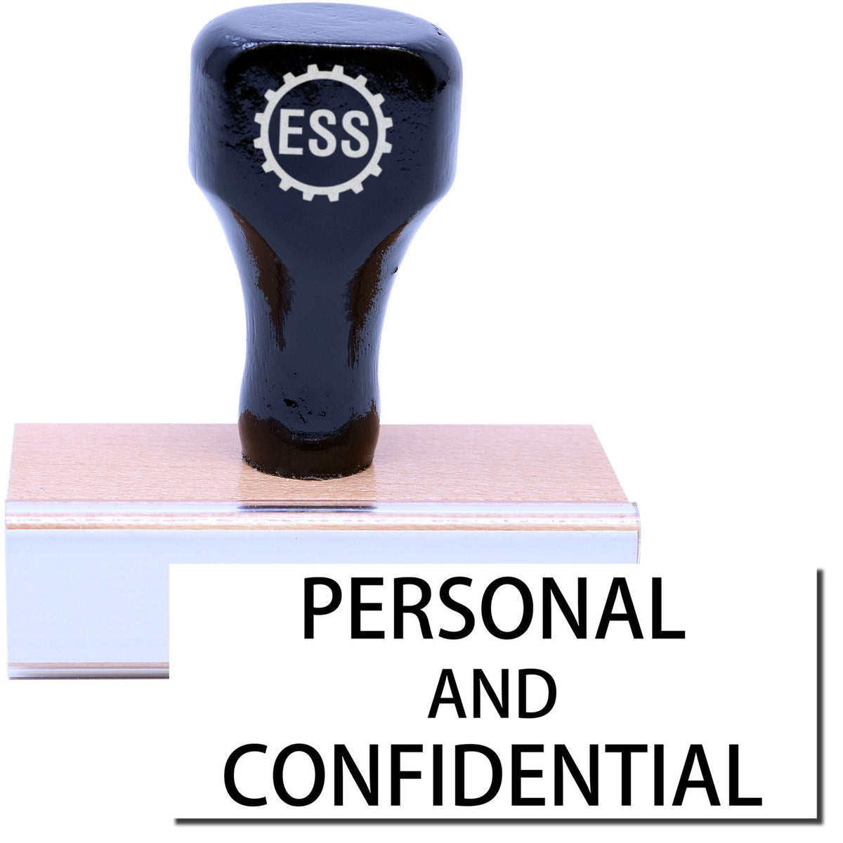 A stock office rubber stamp with a stamped image showing how the text &quot;PERSONAL AND CONFIDENTIAL&quot; in a large font is displayed after stamping.
