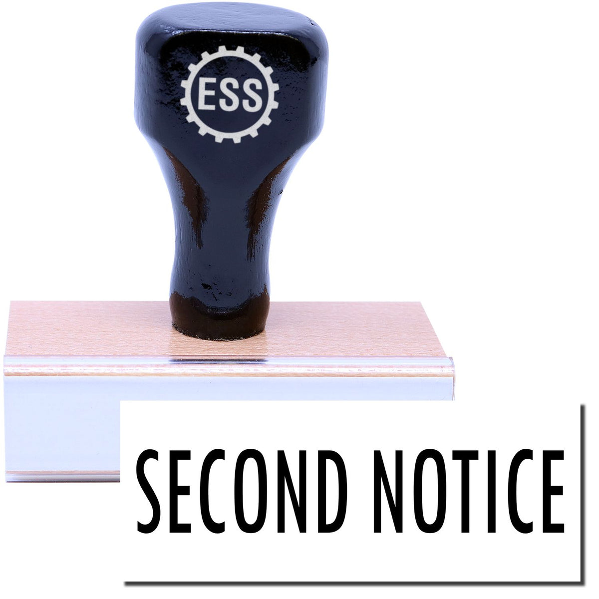 A stock office rubber stamp with a stamped image showing how the text &quot;SECOND NOTICE&quot; in a large font is displayed after stamping.