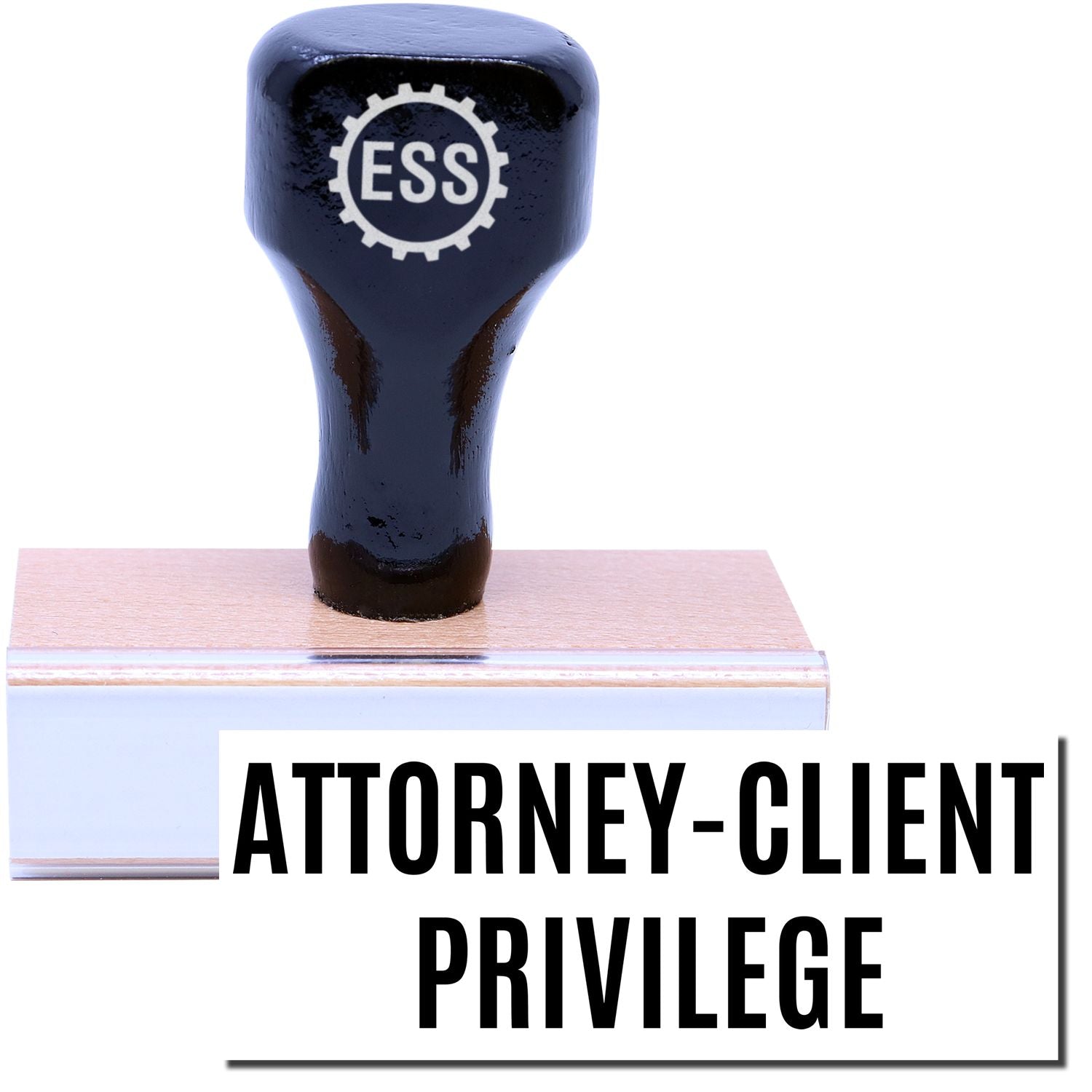 A stock office rubber stamp with a stamped image showing how the text "ATTORNEY-CLIENT PRIVILEGE" is displayed after stamping.