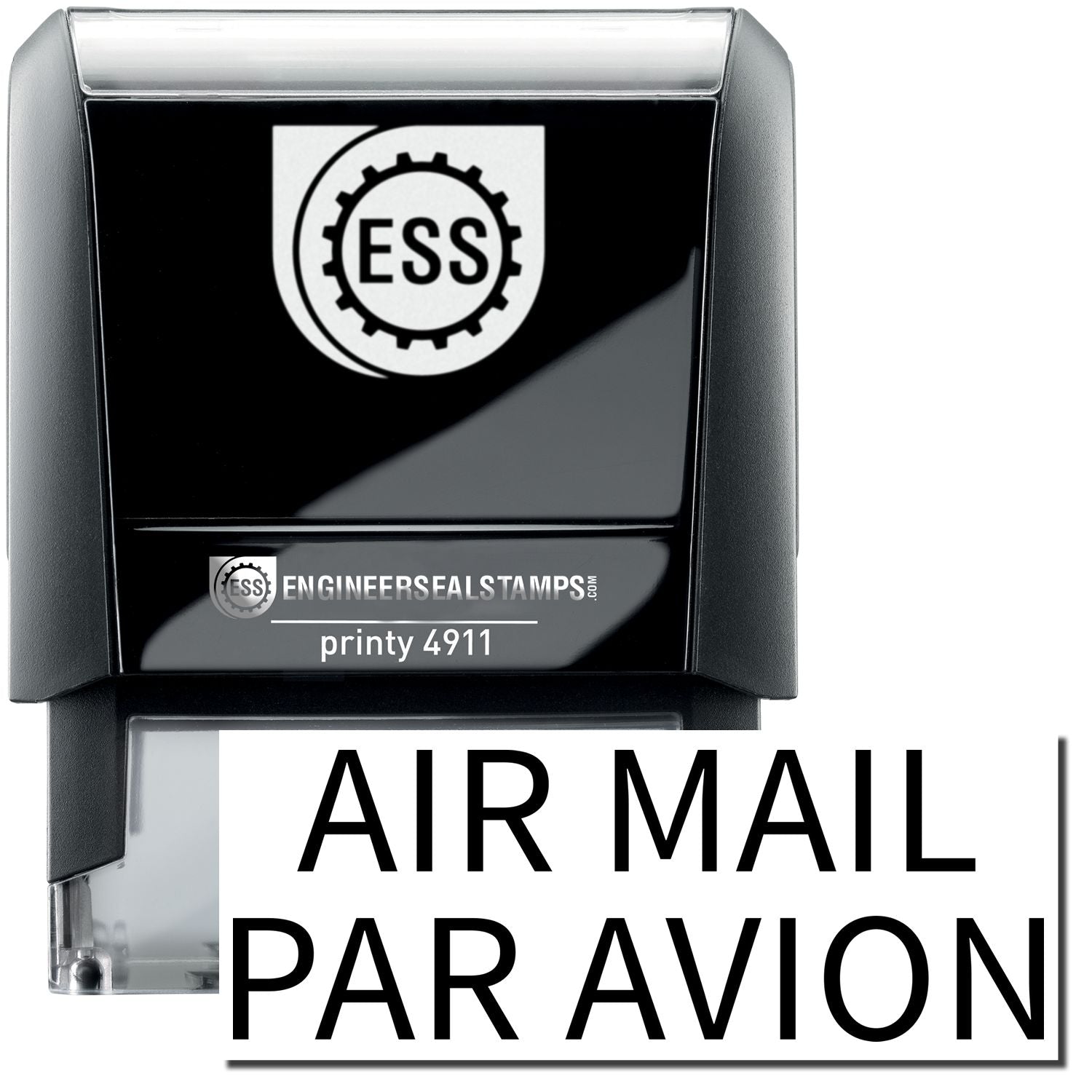 A self-inking stamp with a stamped image showing how the text AIR MAIL PAR AVION is displayed after stamping.