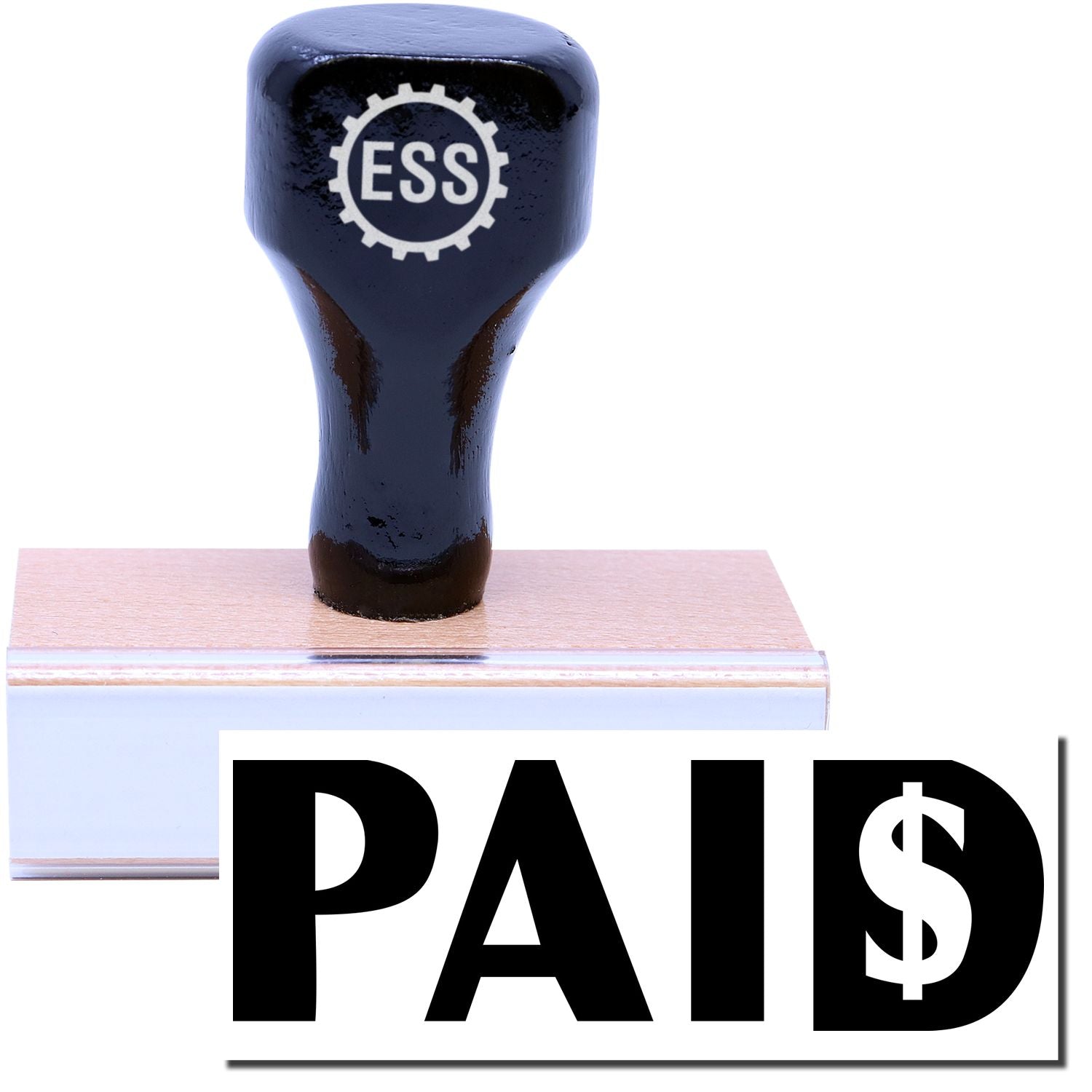 A stock office rubber stamp with a stamped image showing how the text "PAID" in bold font with a dollar sign inside the alphabet "D" is displayed after stamping.