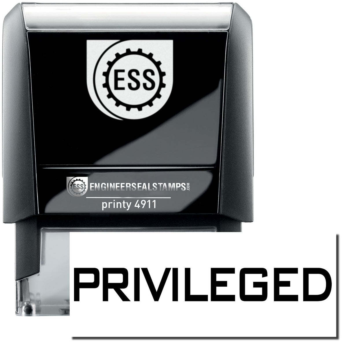 A self-inking stamp with a stamped image showing how the text &quot;PRIVILEGED&quot; is displayed after stamping.