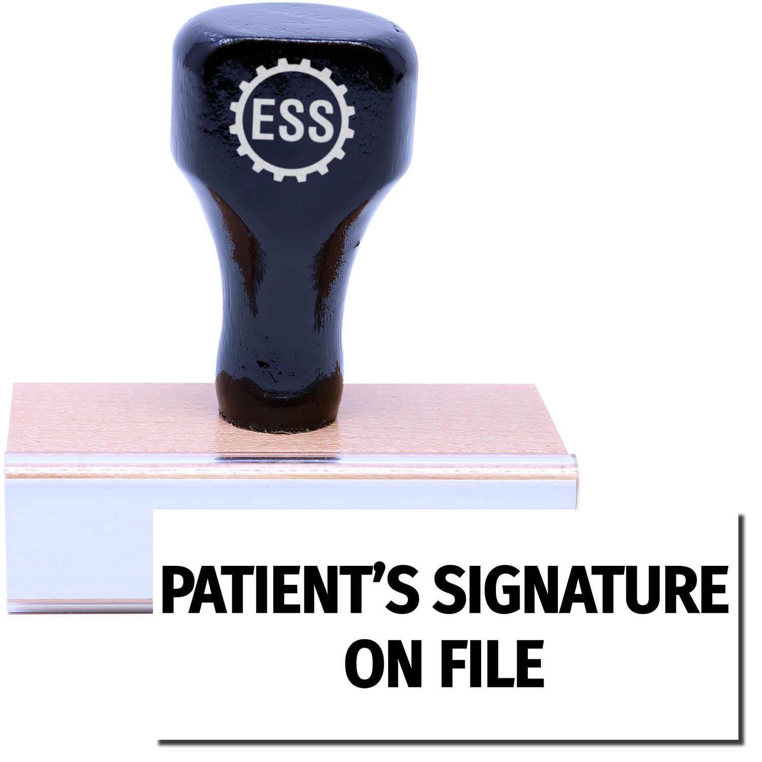 A stock office rubber stamp with a stamped image showing how the text "PATIENT'S SIGNATURE ON FILE" is displayed after stamping.