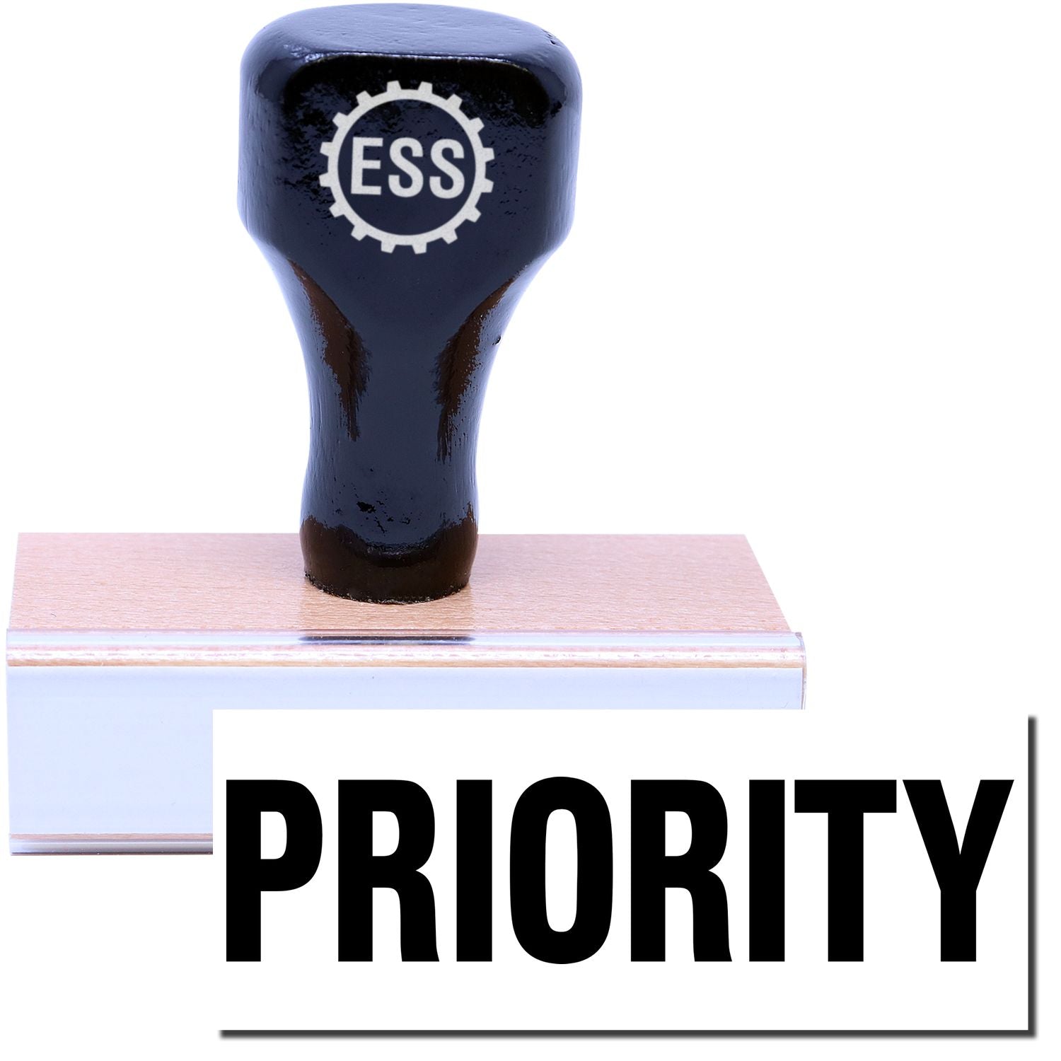 A stock office rubber stamp with a stamped image showing how the text PRIORITY in bold font is displayed after stamping.