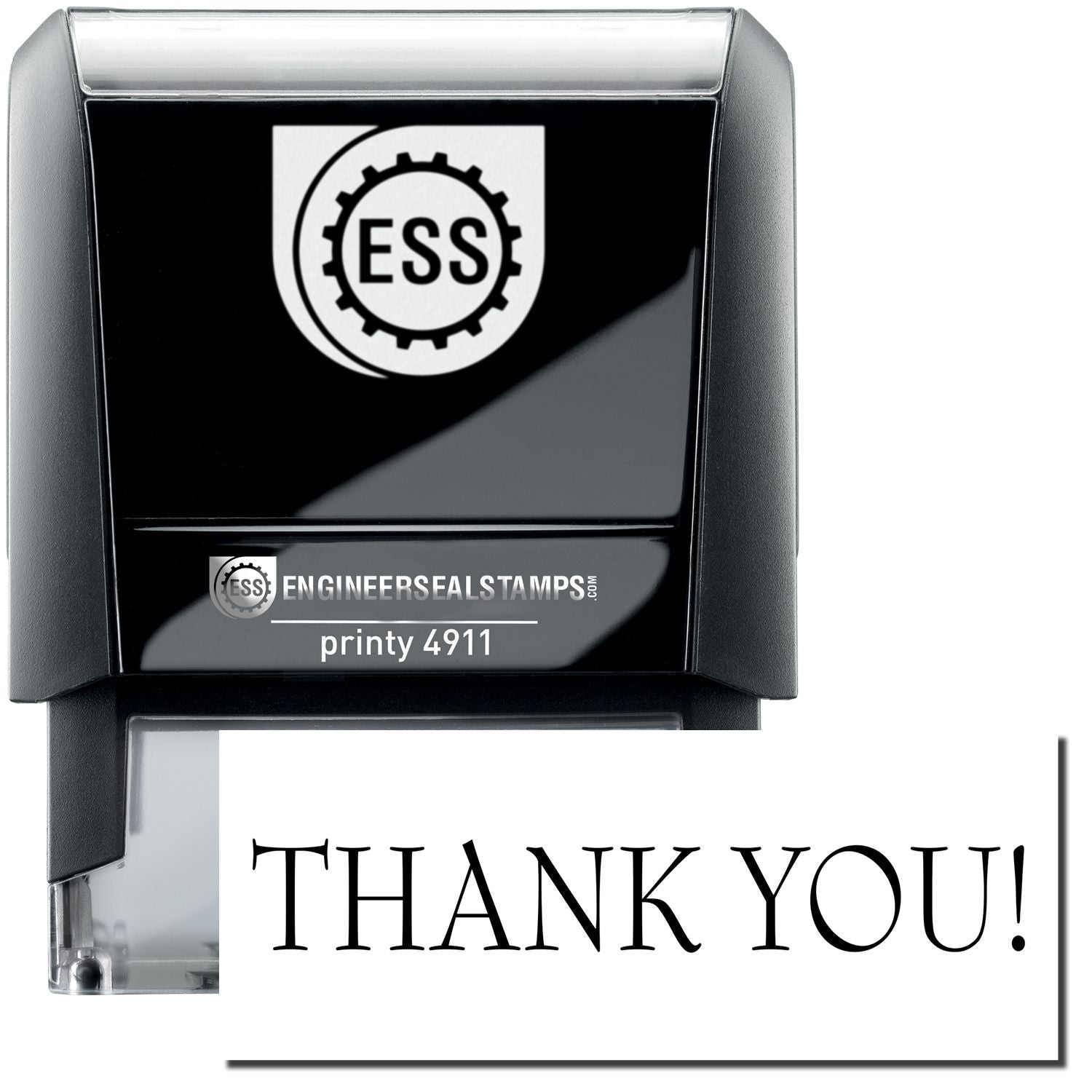 A self-inking stamp with a stamped image showing how the text THANK YOU! is displayed after stamping.