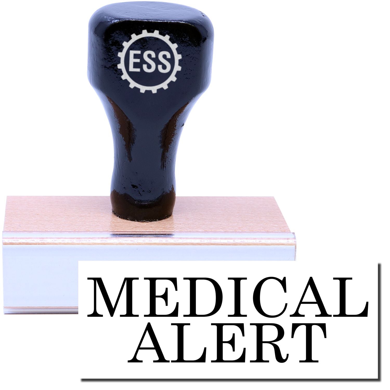 A stock office rubber stamp with a stamped image showing how the text "MEDICAL ALERT" is displayed after stamping.