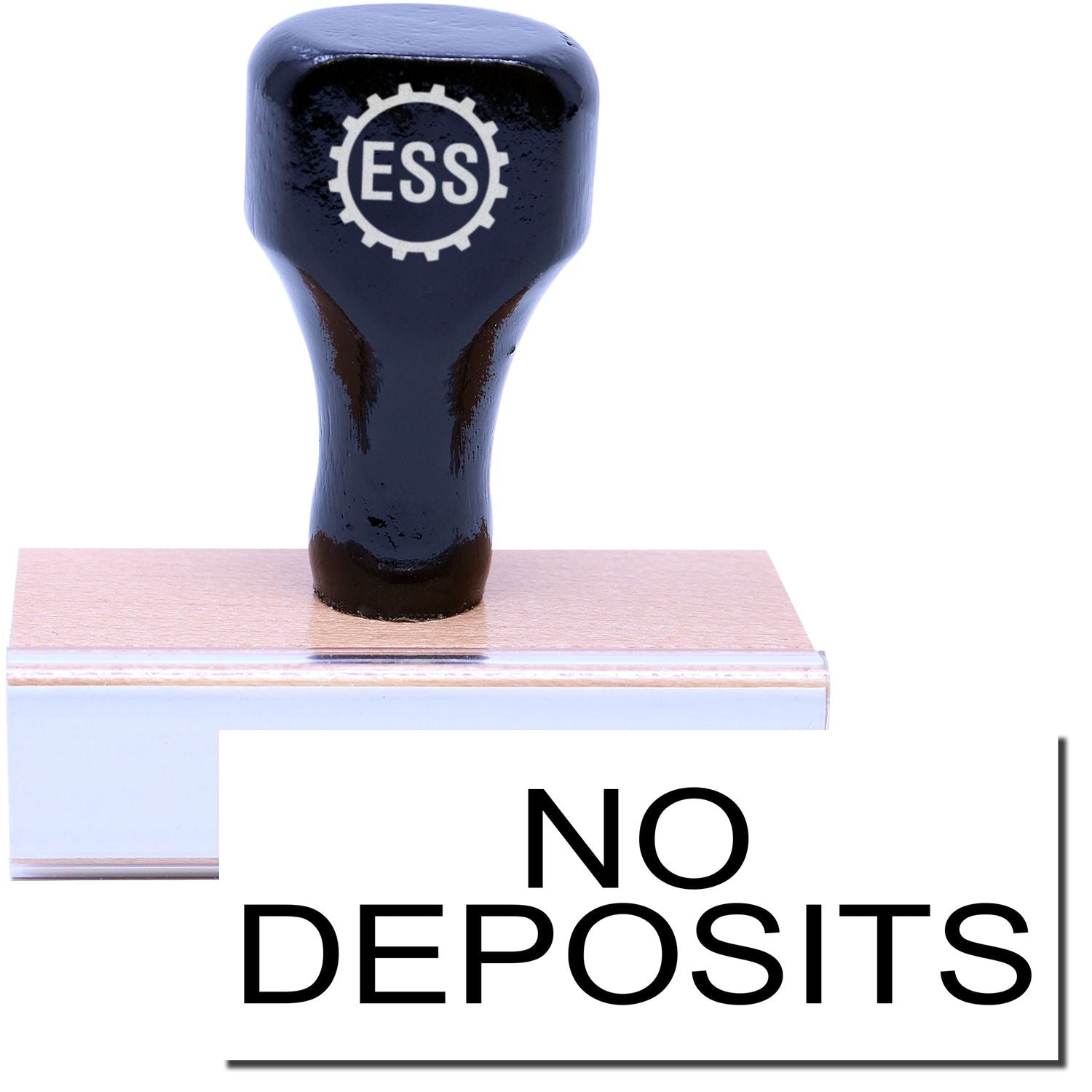 A stock office rubber stamp with a stamped image showing how the text NO DEPOSITS is displayed after stamping.