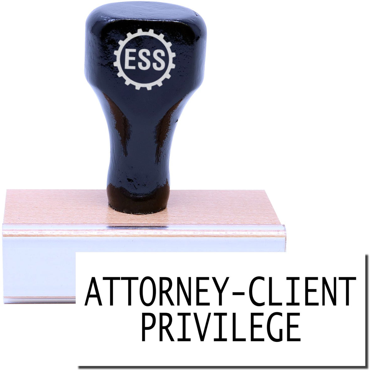 A stock office rubber stamp with a stamped image showing how the text &quot;ATTORNEY-CLIENT PRIVILEGE&quot; is displayed after stamping.