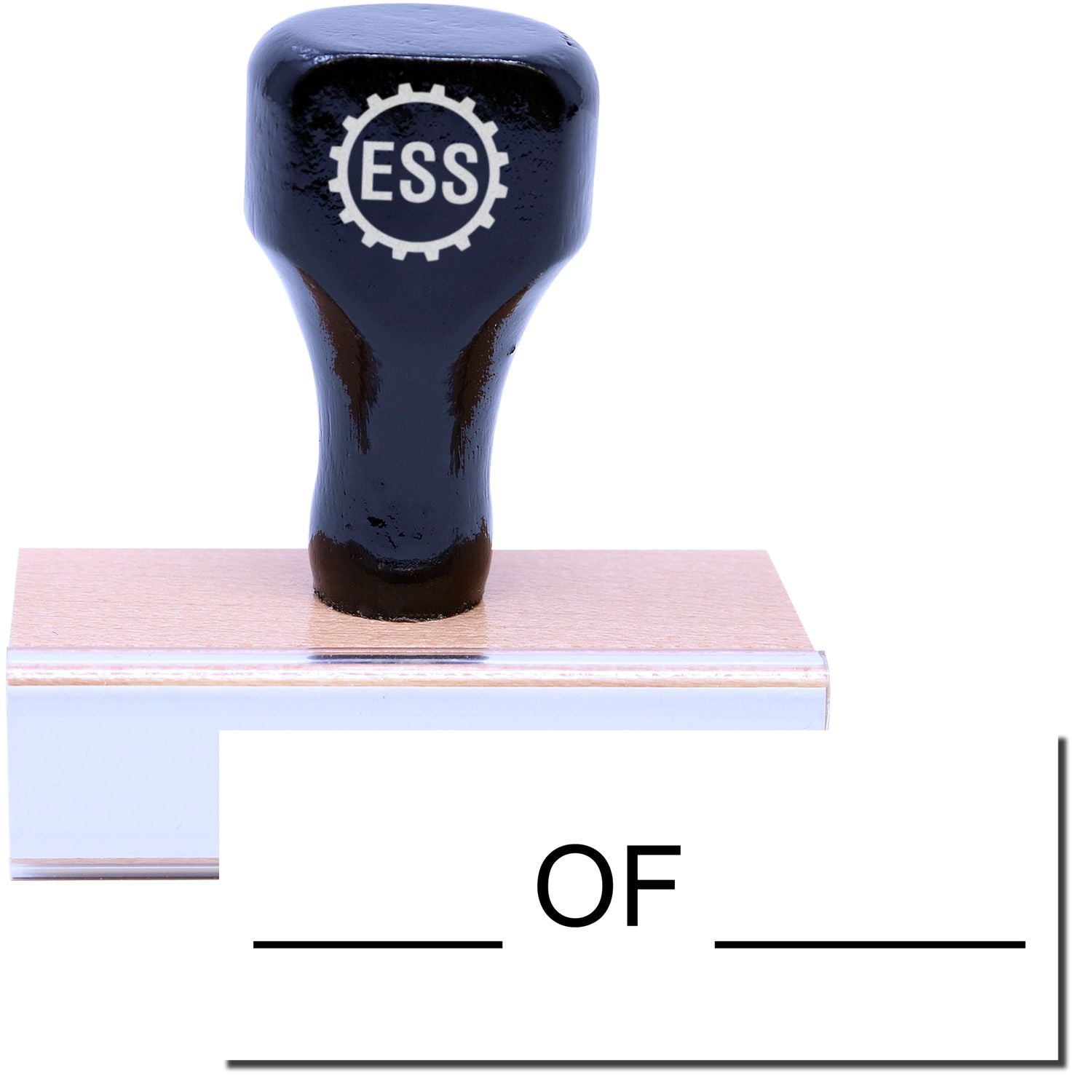 A stock office rubber stamp with a stamped image showing how the text "OF" with a line both below and after the text is displayed after stamping.