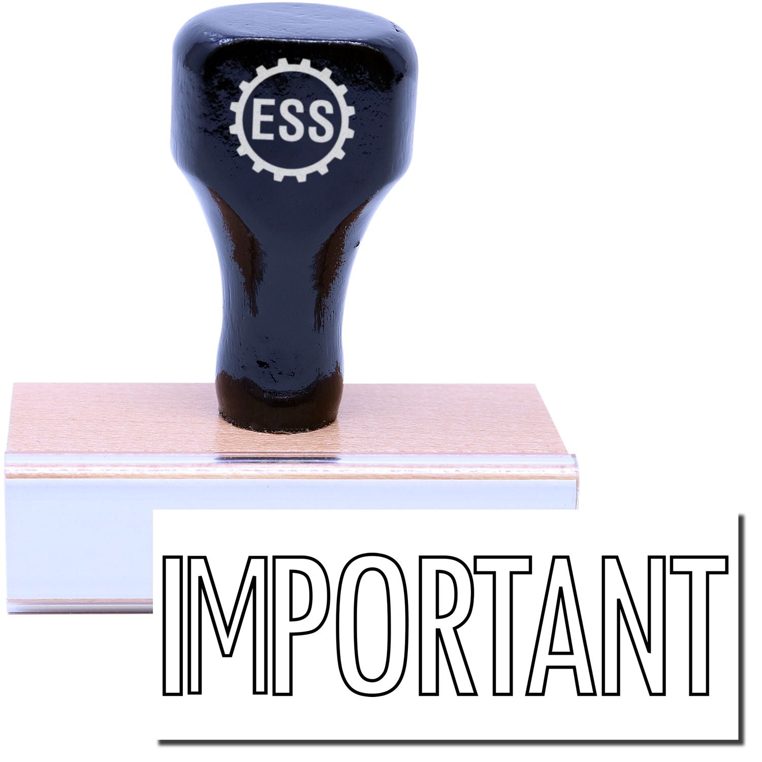 A stock office rubber stamp with a stamped image showing how the text "IMPORTANT" in an outline font is displayed after stamping.