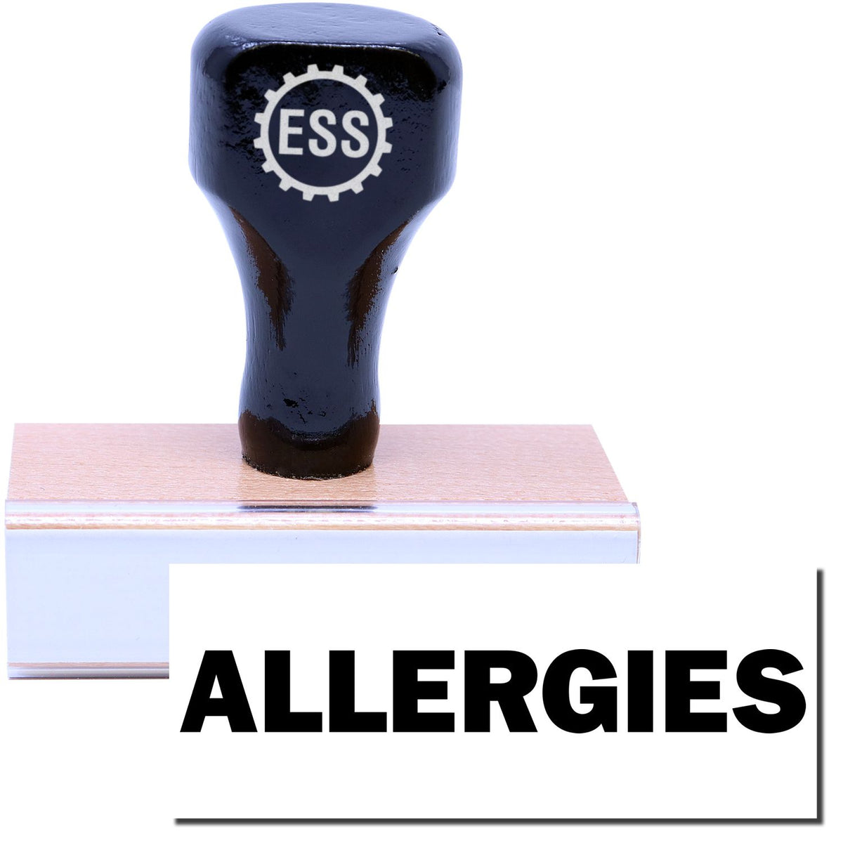 A stock office rubber stamp with a stamped image showing how the text &quot;ALLERGIES&quot; is displayed after stamping.