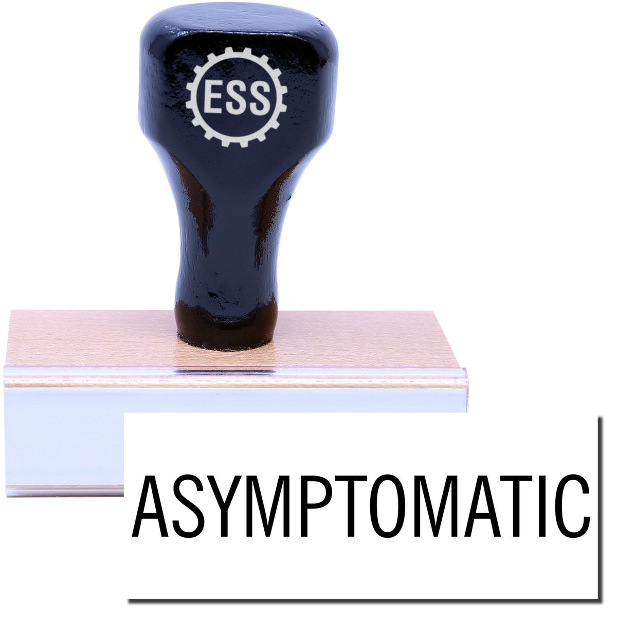 A stock office rubber stamp with a stamped image showing how the text &quot;ASYMPTOMATIC&quot; is displayed after stamping.