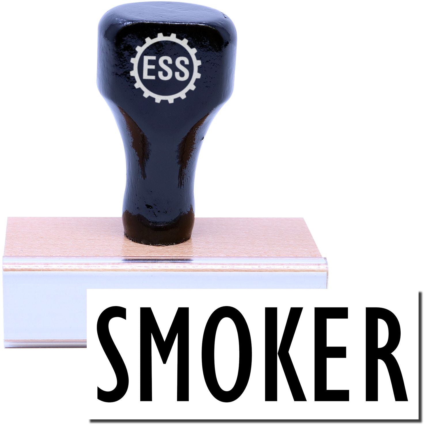 A stock office rubber stamp with a stamped image showing how the text "SMOKER" in a large font is displayed after stamping.