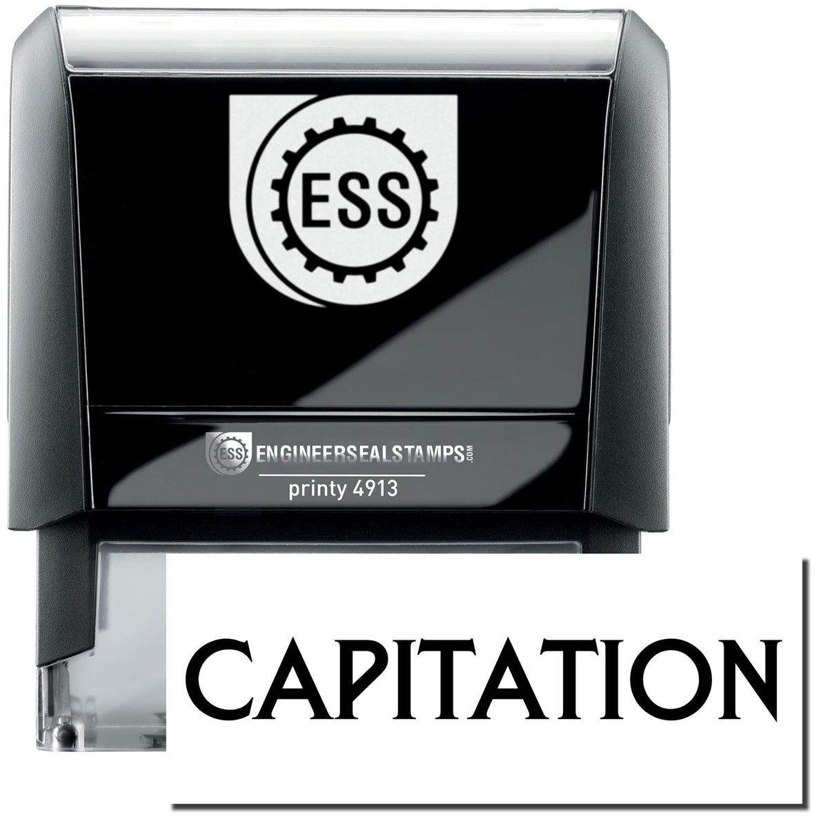 A self-inking stamp with a stamped image showing how the text &quot;CAPITATION&quot; in a large bold font is displayed by it.