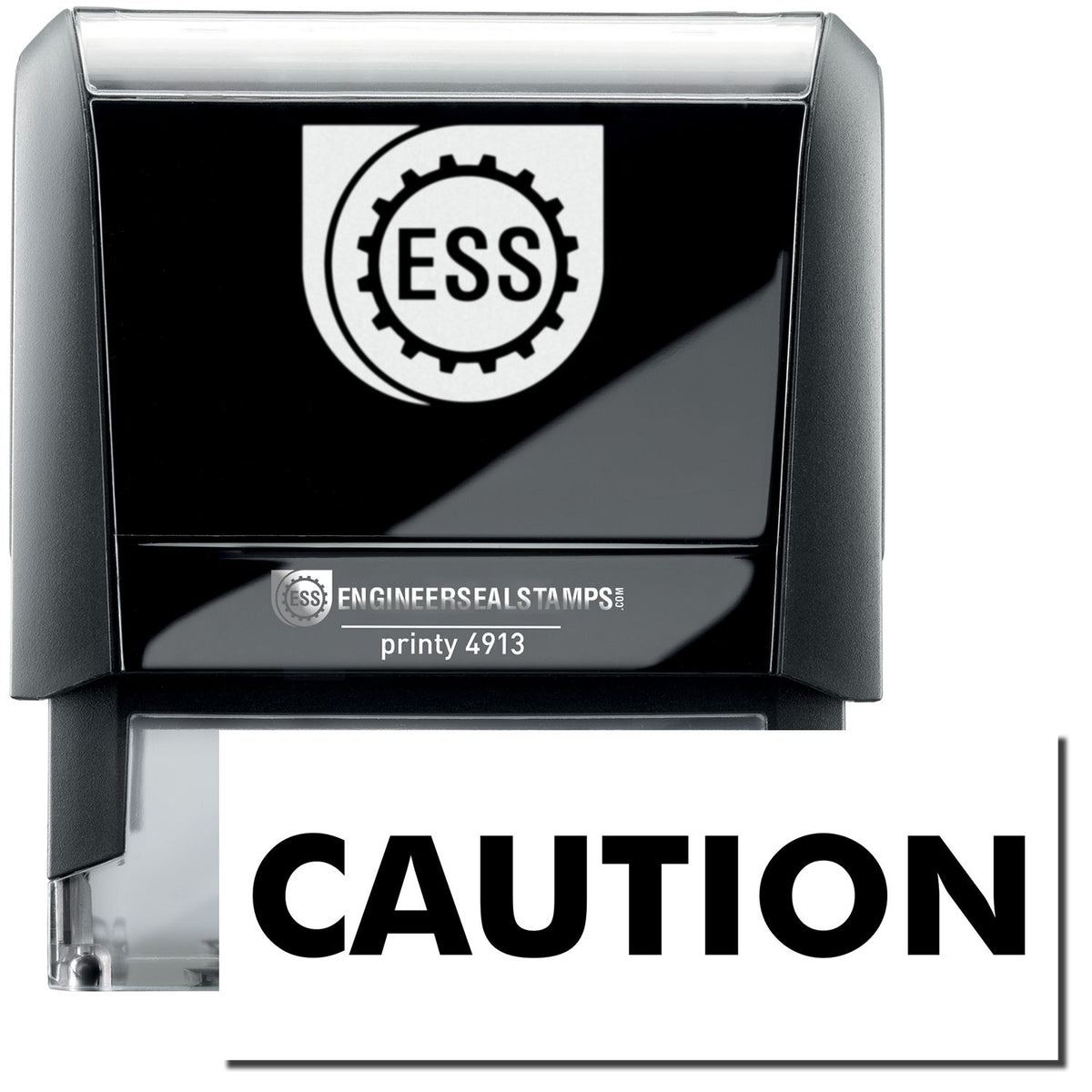 A self-inking stamp with a stamped image showing how the text &quot;CAUTION&quot; in a large bold font is displayed by it.