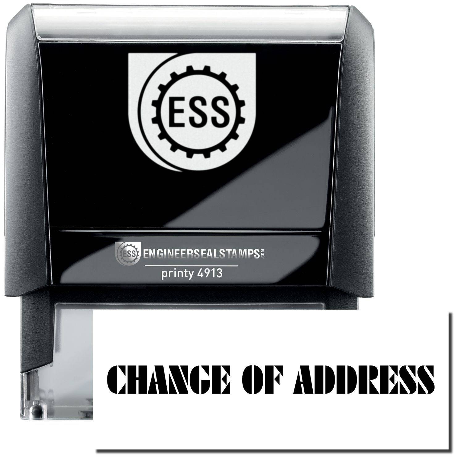 A self-inking stamp with a stamped image showing how the text CHANGE OF ADDRESS in a unique-looking large bold font is displayed by it.