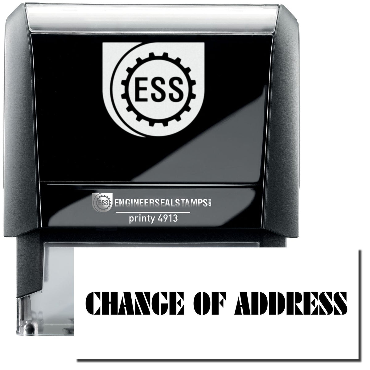 A self-inking stamp with a stamped image showing how the text &quot;CHANGE OF ADDRESS&quot; in a unique-looking large bold font is displayed by it.