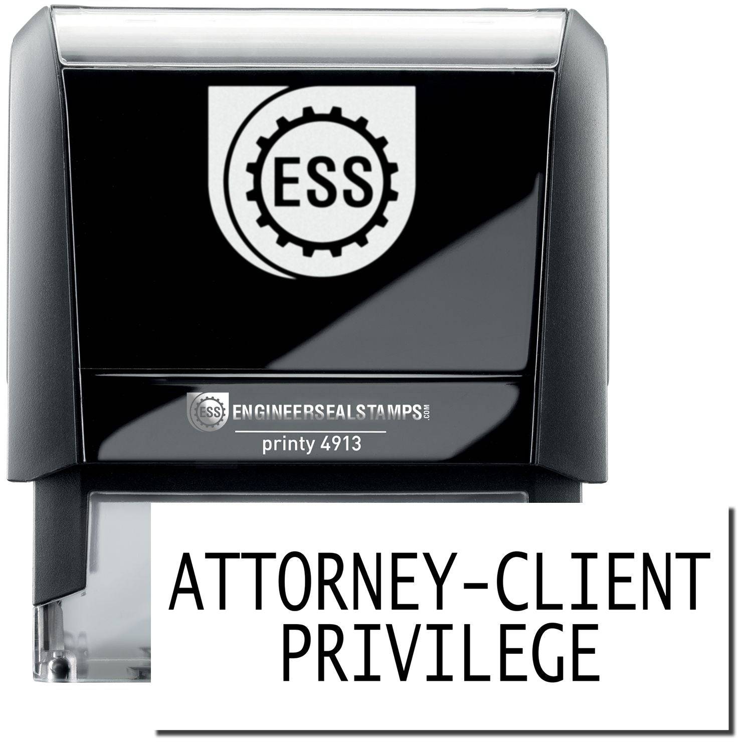 A self-inking stamp with a stamped image showing how the text ATTORNEY-CLIENT PRIVILEGE in a large bold font is displayed by it.