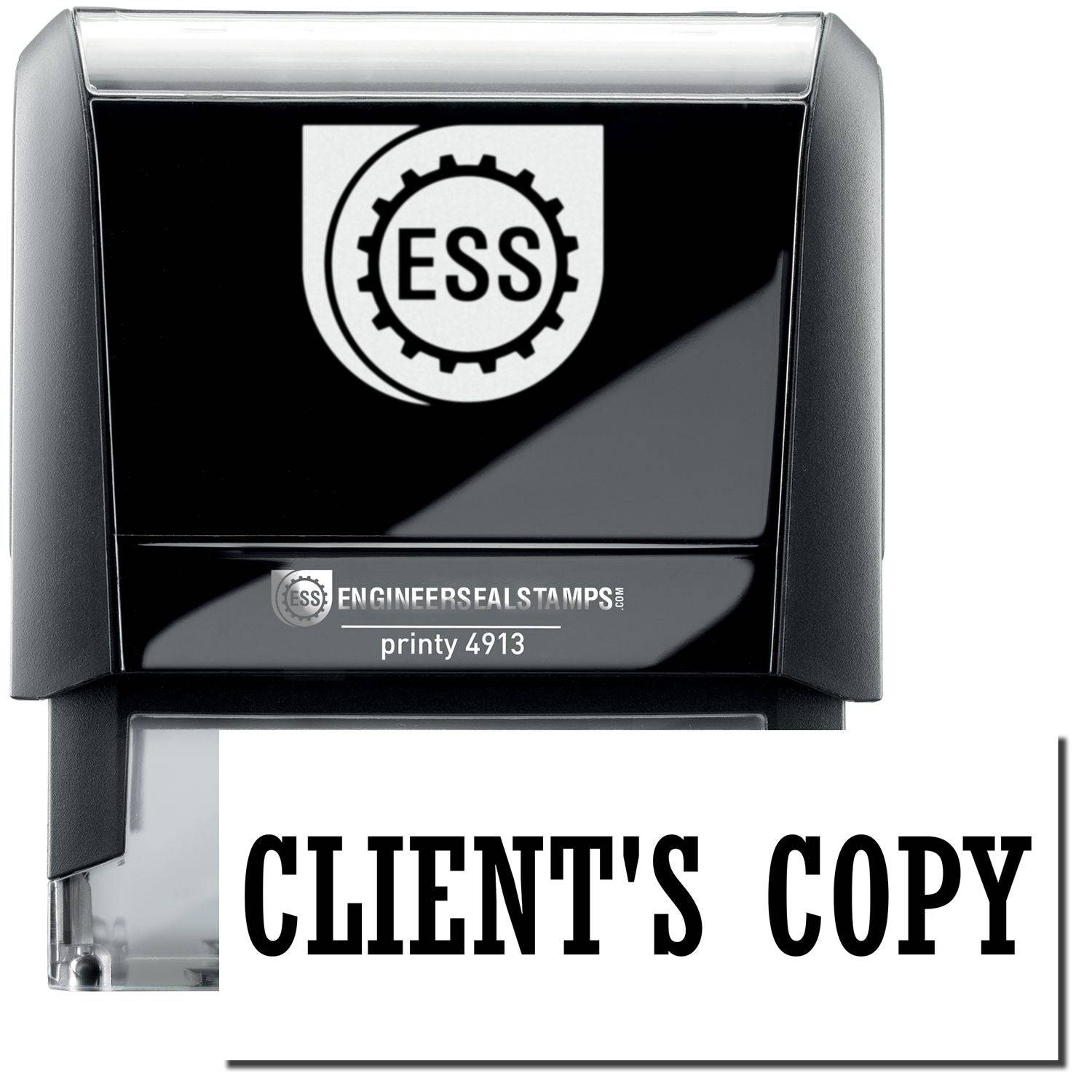 A self-inking stamp with a stamped image showing how the text CLIENT'S COPY in a large bold font is displayed by it.