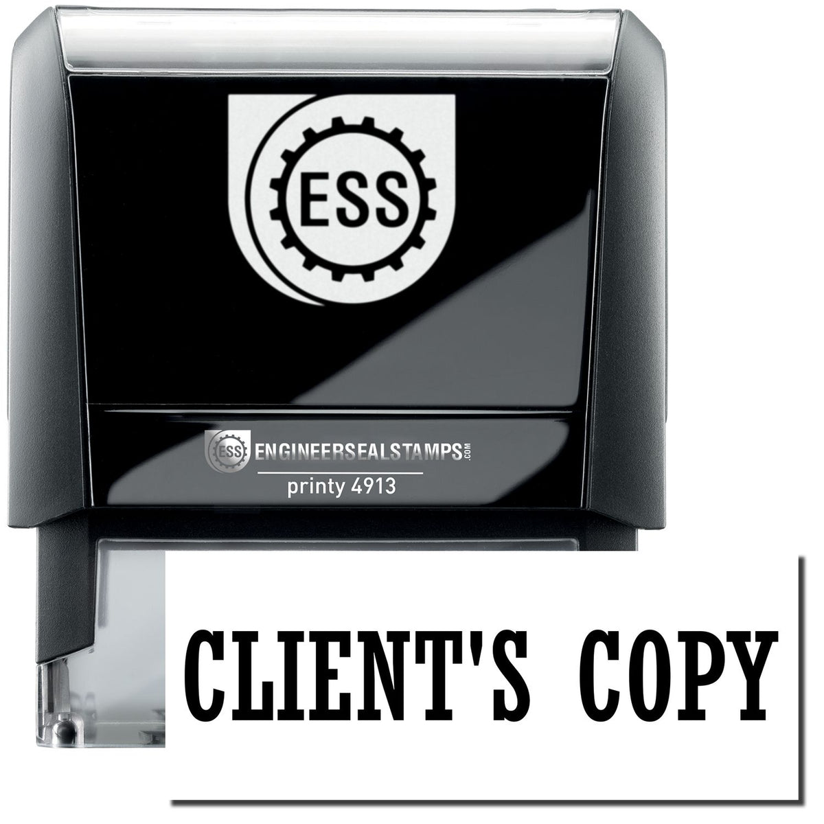 A self-inking stamp with a stamped image showing how the text &quot;CLIENT&#39;S COPY&quot; in a large bold font is displayed by it.