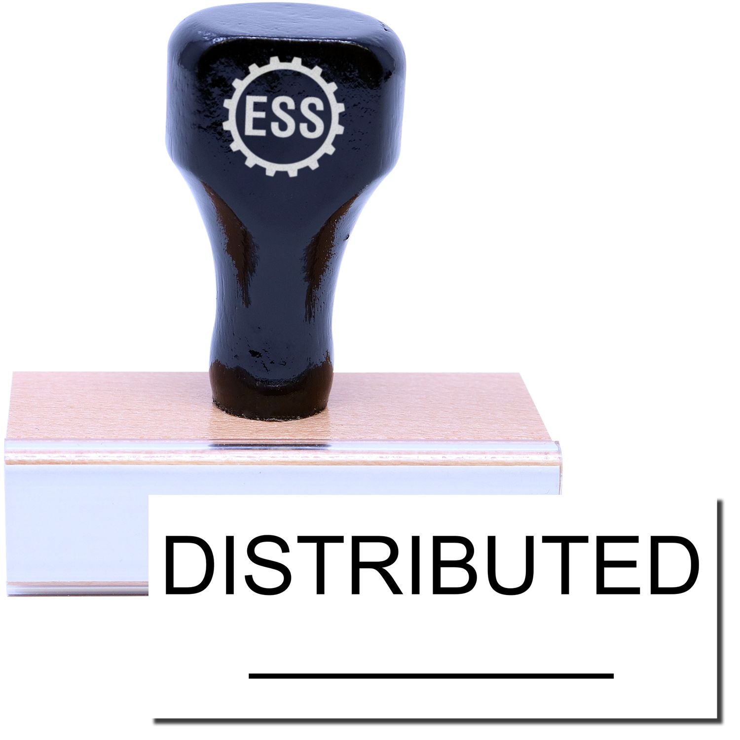 A stock office rubber stamp with a stamped image showing how the text DISTRIBUTED in a large font with a line under the text is displayed after stamping.