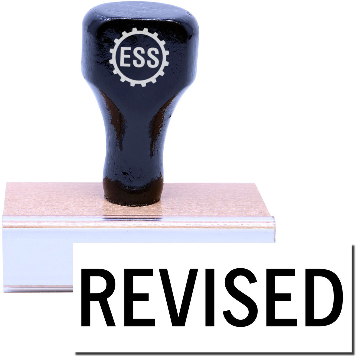 A stock office rubber stamp with a stamped image showing how the text &quot;REVISED&quot; in a large font is displayed after stamping.