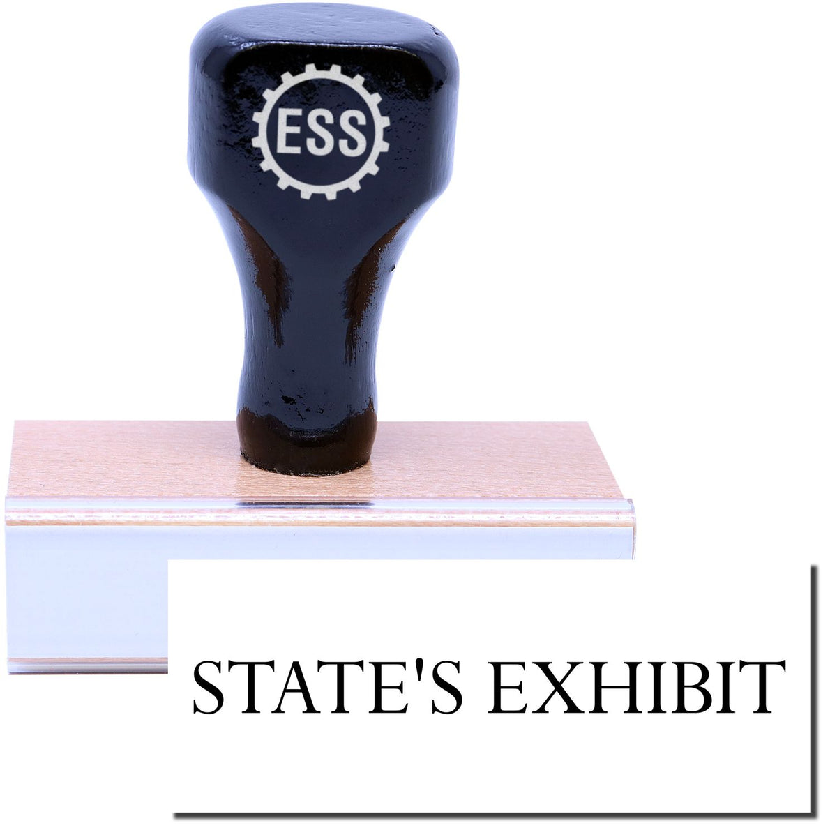 A stock office rubber stamp with a stamped image showing how the text &quot;STATE&#39;S EXHIBIT&quot; in a large font is displayed after stamping.