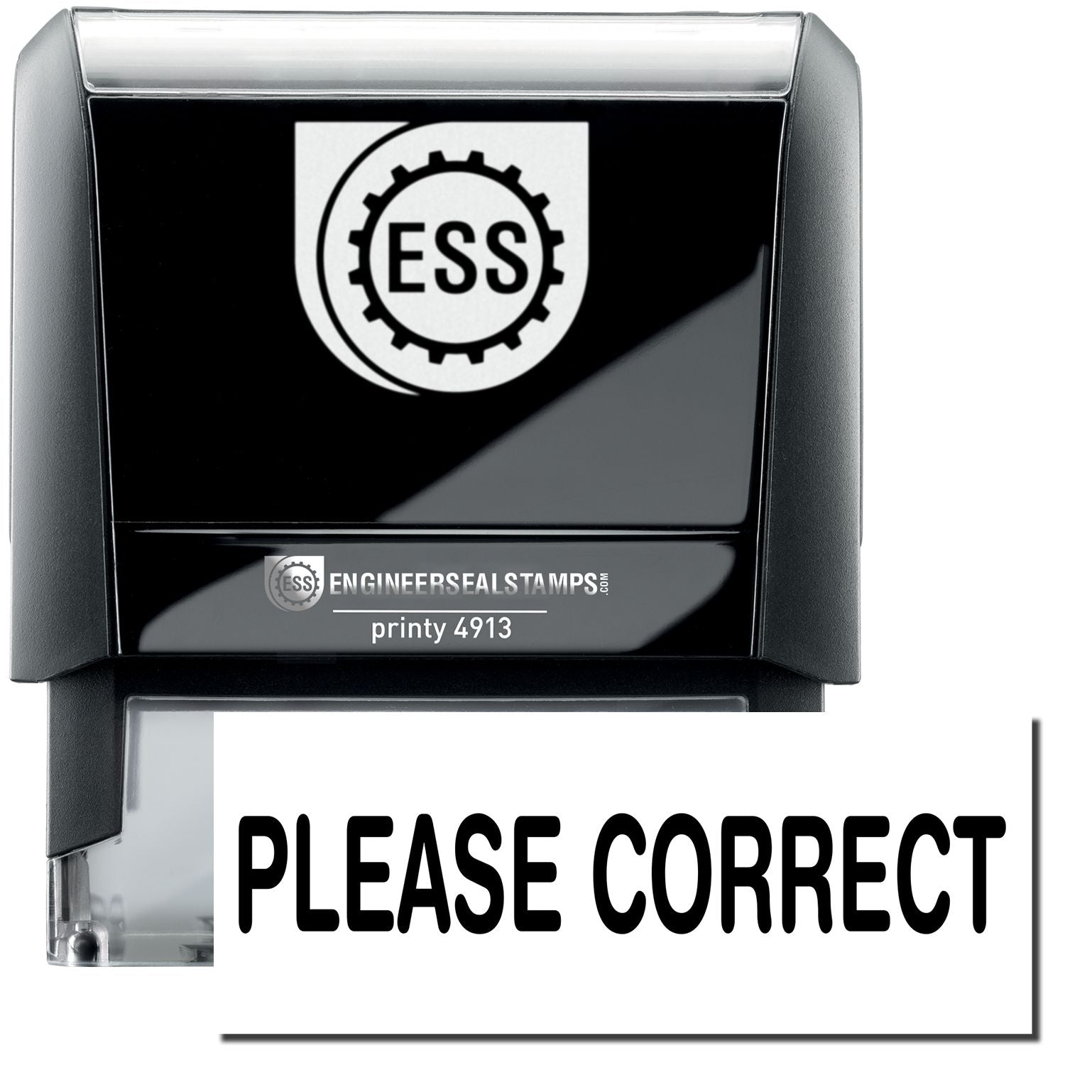 A self-inking stamp with a stamped image showing how the text PLEASE CORRECT in a large bold font is displayed by it.
