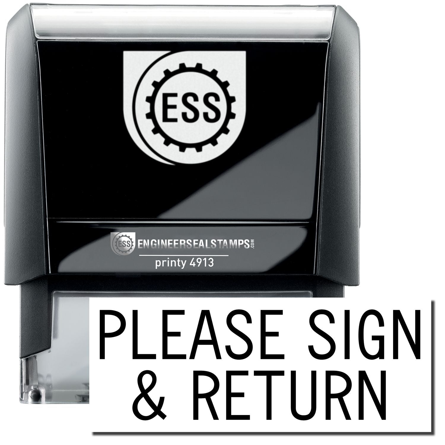 A self-inking stamp with a stamped image showing how the text PLEASE SIGN & RETURN in a large bold font is displayed by it.