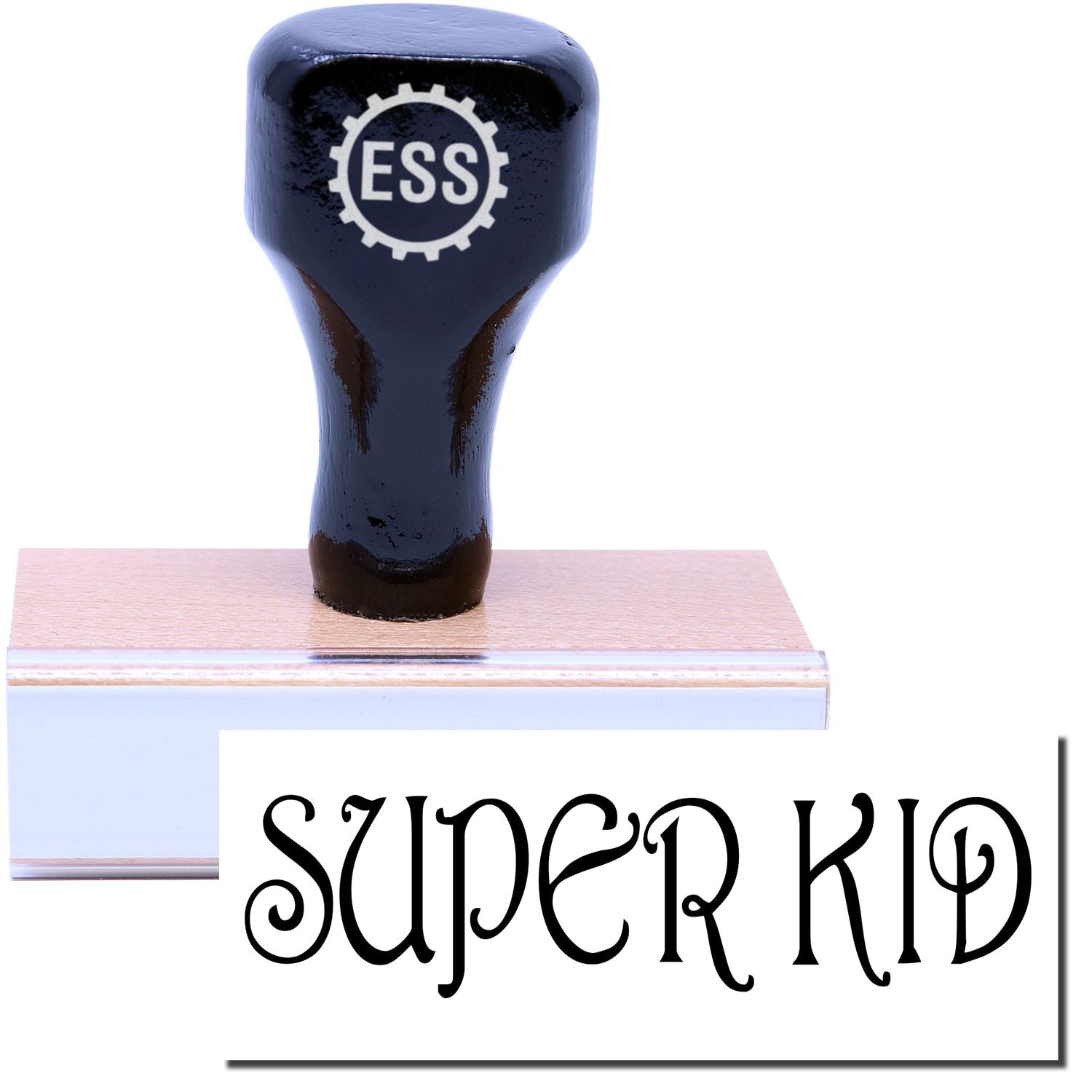 A stock office rubber stamp with a stamped image showing how the text "SUPER KID" in a large font is displayed after stamping.